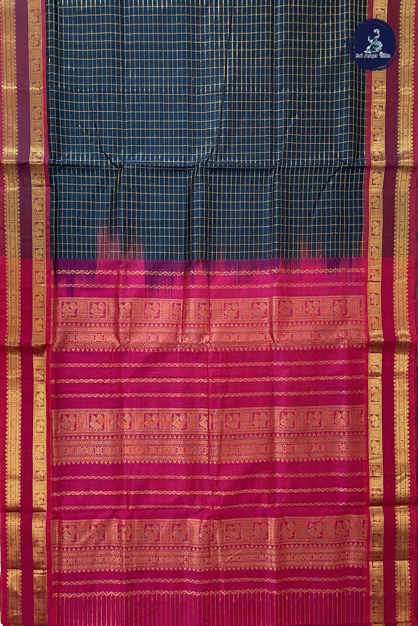 Peacock Blue Checked Saree With Zari Checked Pattern