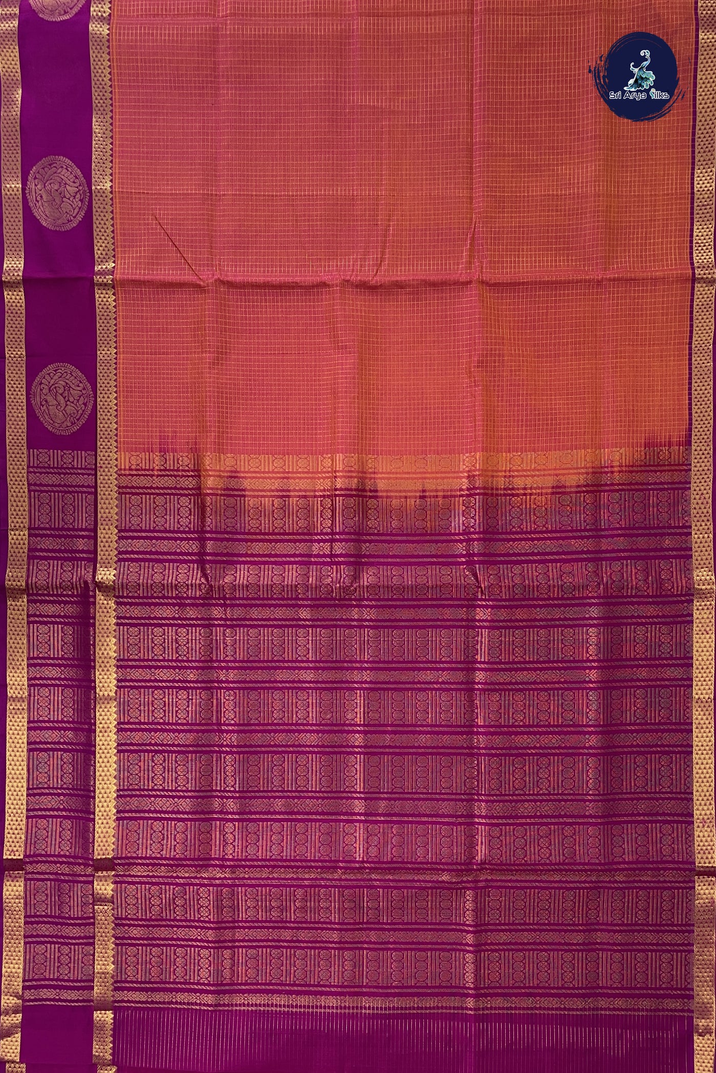 Pinkish Orange Checked Saree With Zari Checked Pattern