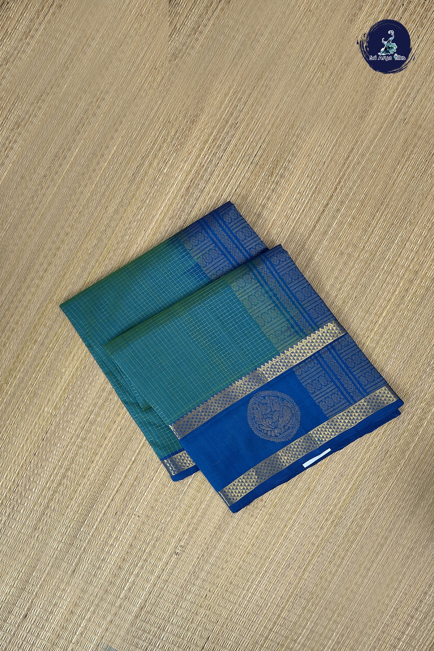 Teal Checked Saree With Zari Checked Pattern