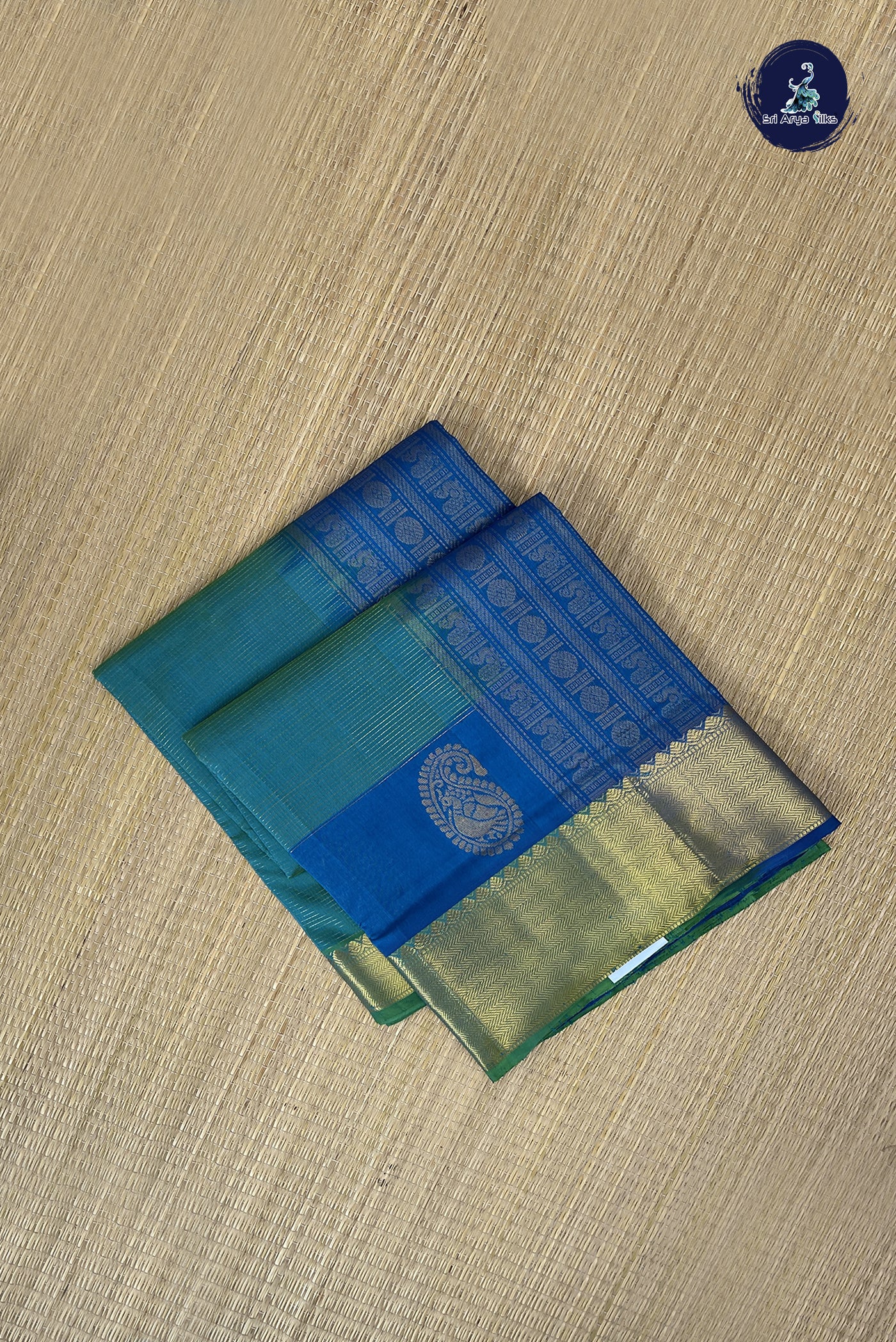 Bluish Green Bridal Silk Cotton Saree With Stripes Pattern