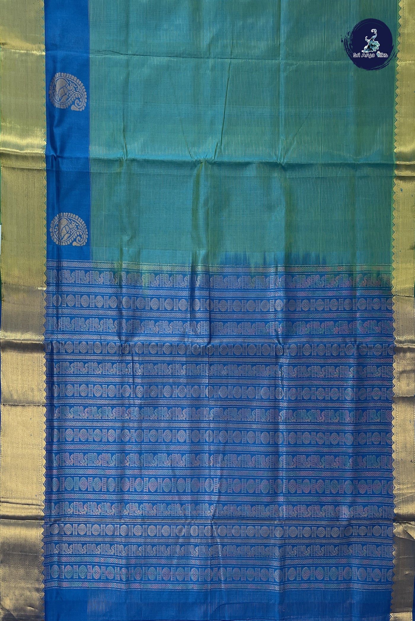 Bluish Green Bridal Silk Cotton Saree With Stripes Pattern