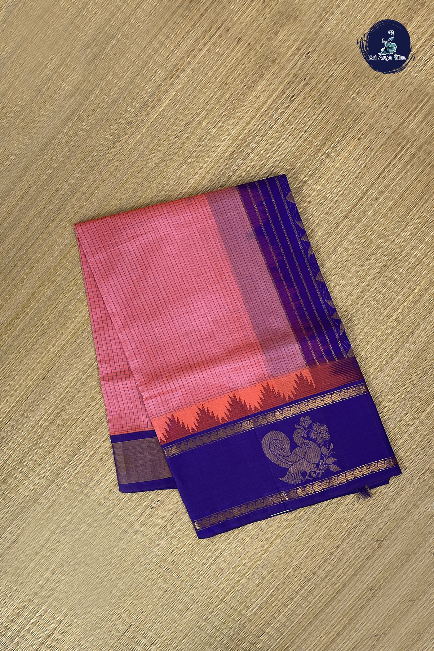 Peach Pink Checked Saree With Checked Pattern