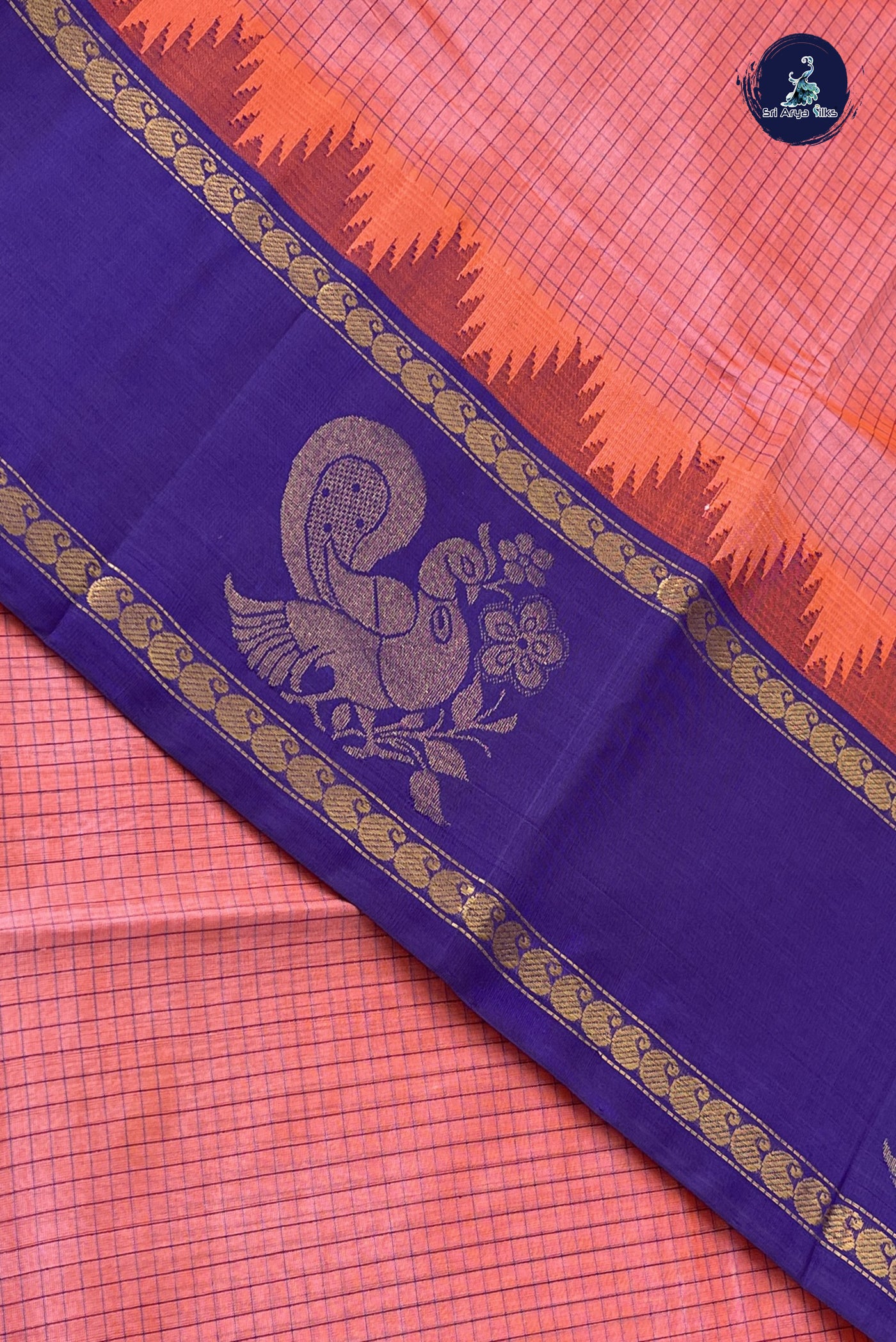 Peach Pink Checked Saree With Checked Pattern