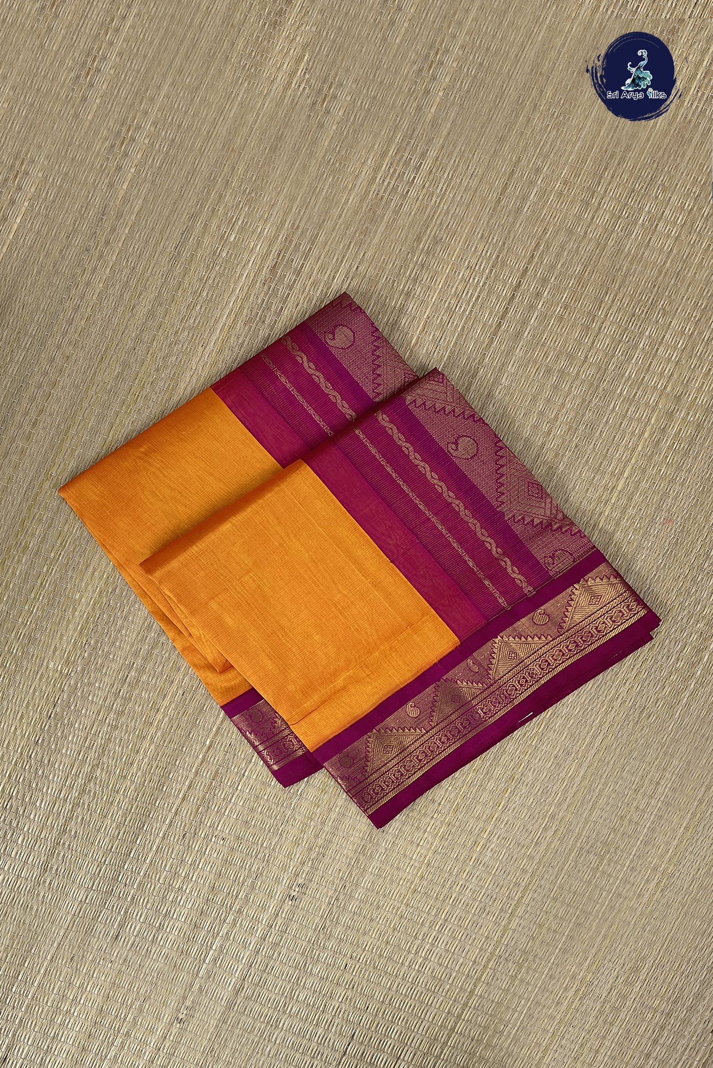 Yellowish Orange Vaira Oosi Silk Cotton Saree With Vaira Oosi Pattern