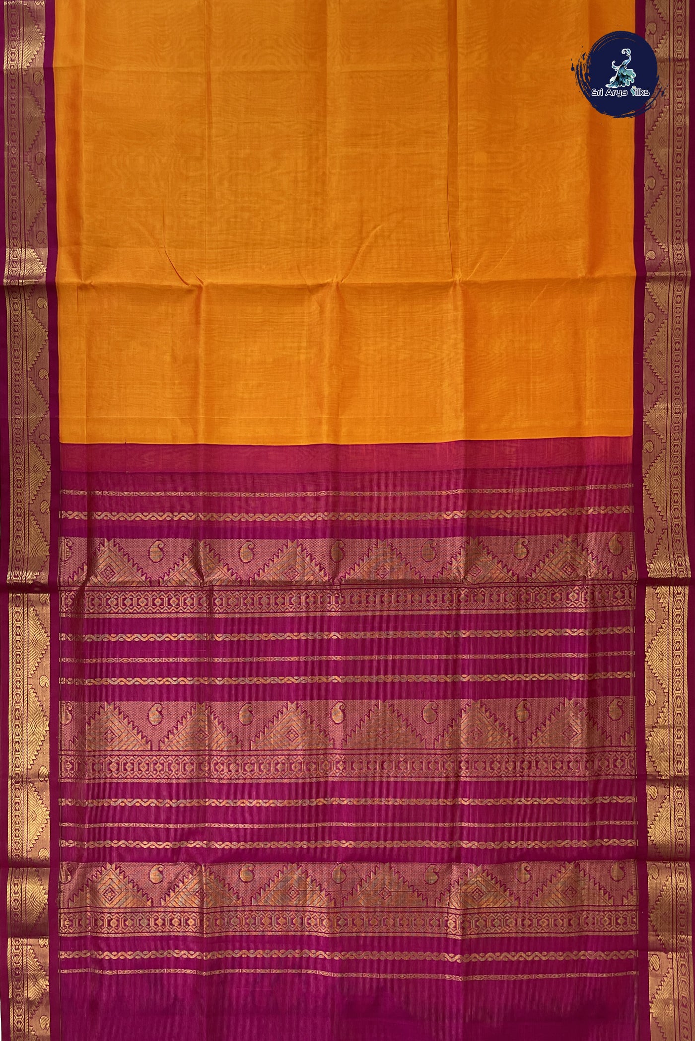 Yellowish Orange Vaira Oosi Silk Cotton Saree With Vaira Oosi Pattern