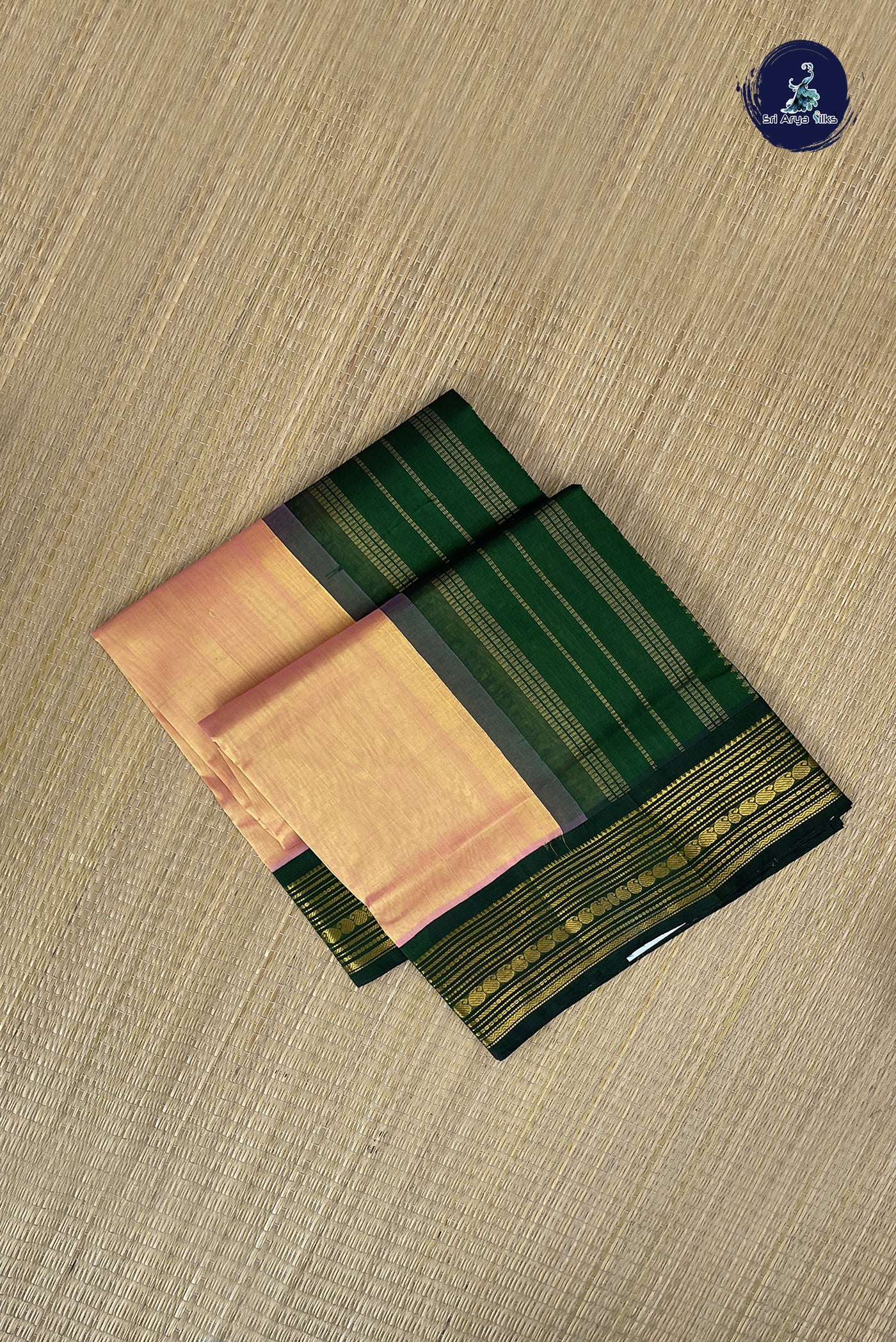 Pinkish Peach Korvai Silk Cotton Saree With Plain Pattern