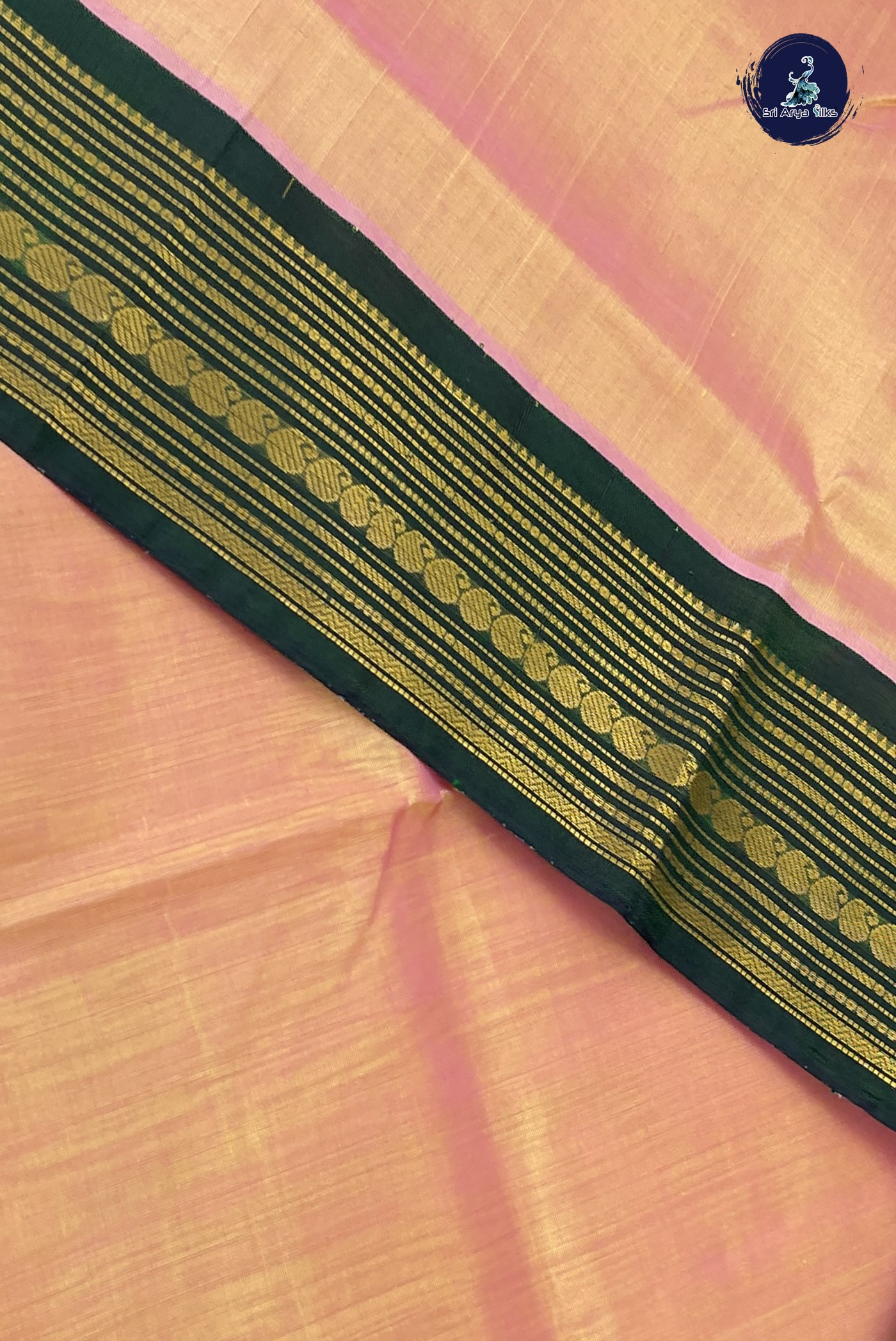 Pinkish Peach Korvai Silk Cotton Saree With Plain Pattern