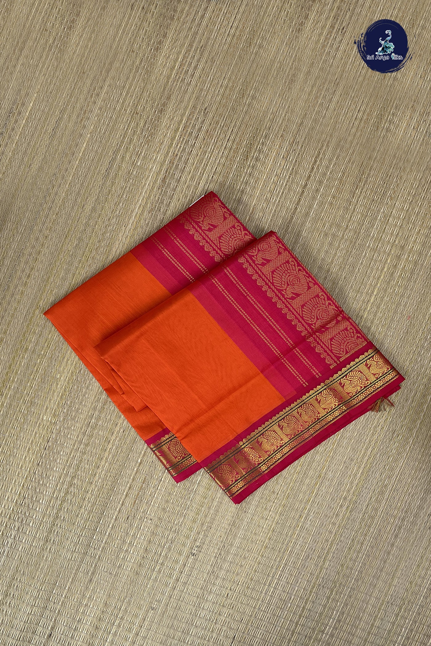 Orange Korvai Silk Cotton Saree With Plain Pattern