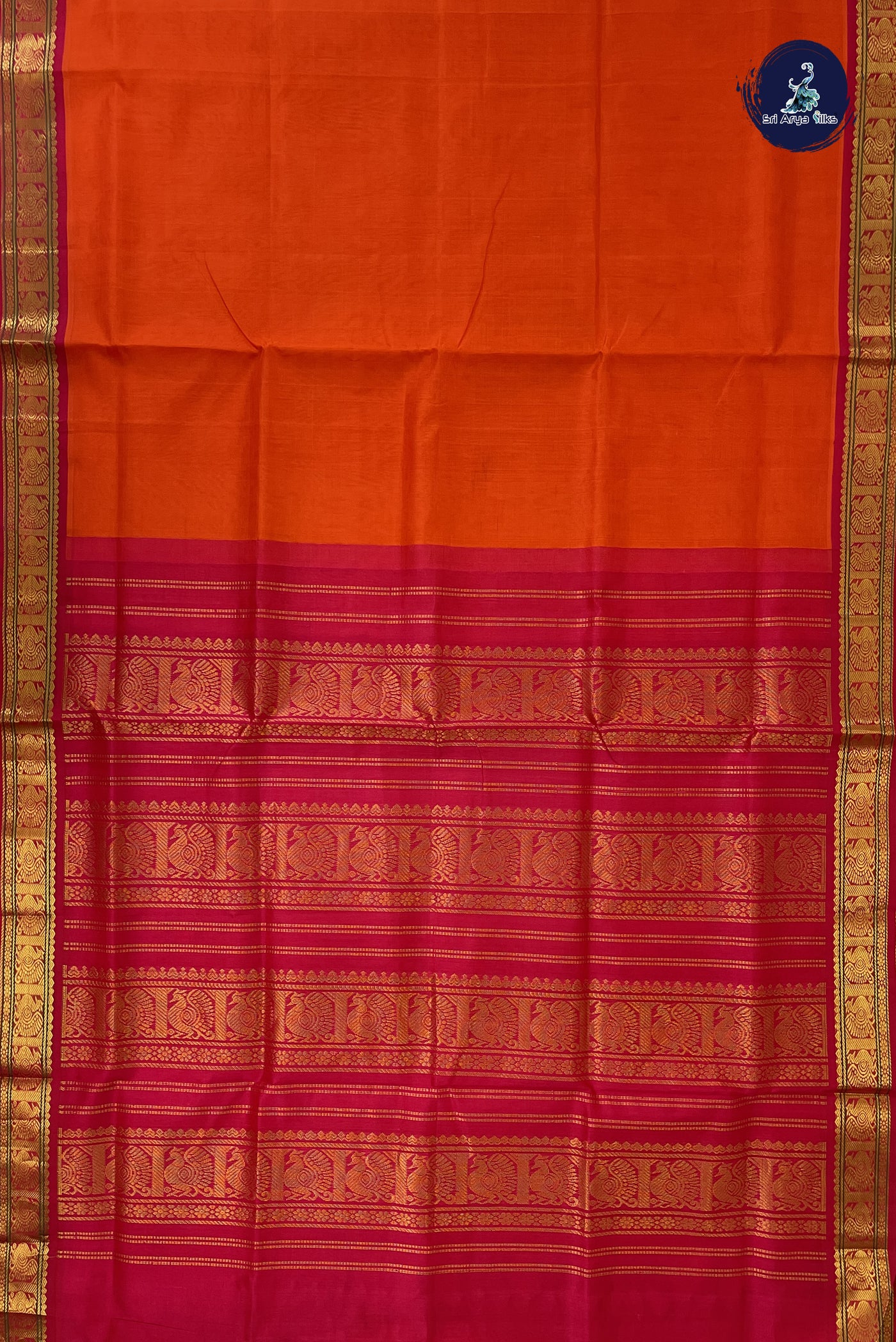 Orange Korvai Silk Cotton Saree With Plain Pattern