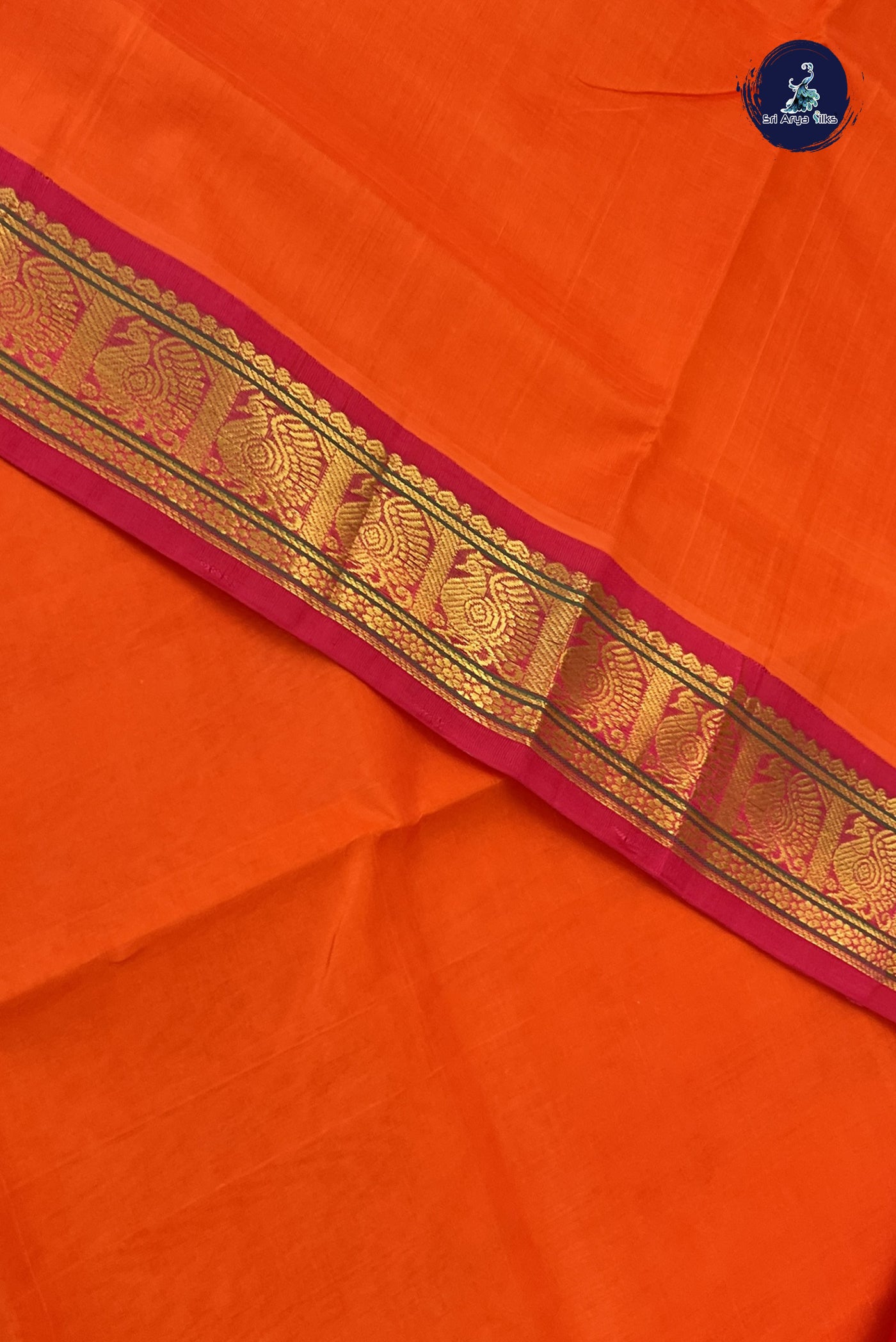 Orange Korvai Silk Cotton Saree With Plain Pattern