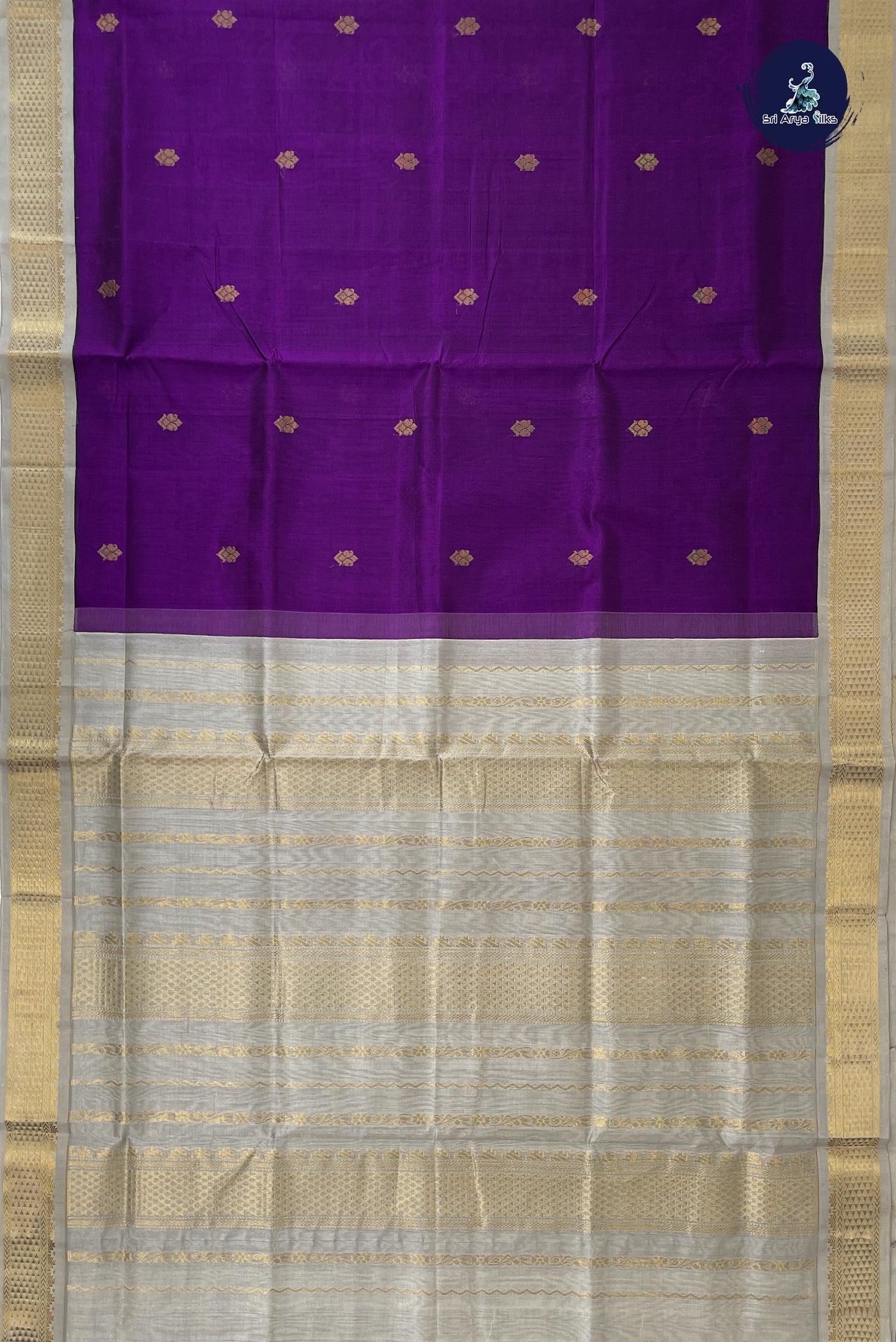 Purple Korvai Silk Cotton Saree With Zari Buttas Pattern