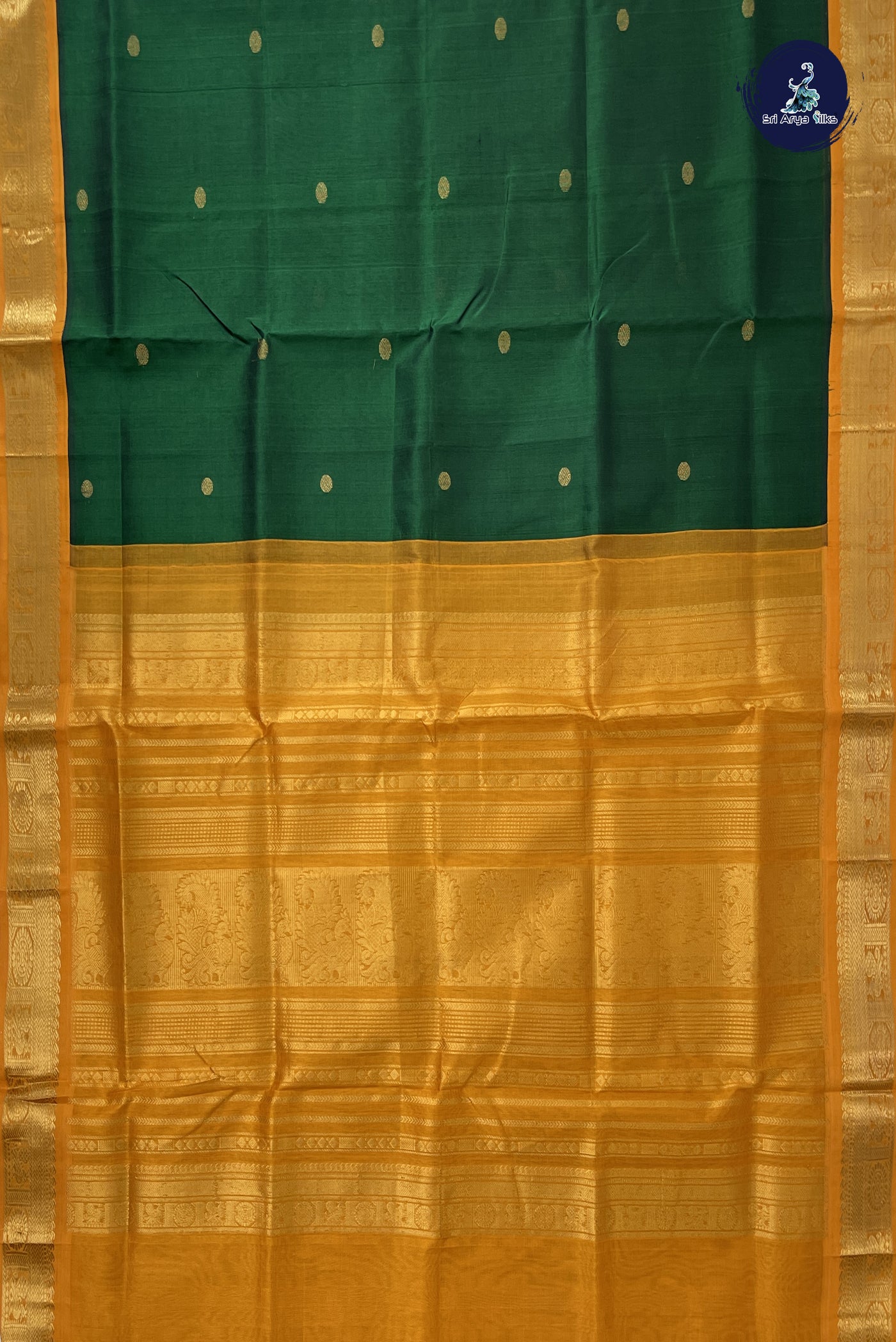 Bottle Green Korvai Silk Cotton Saree With Zari Buttas Pattern