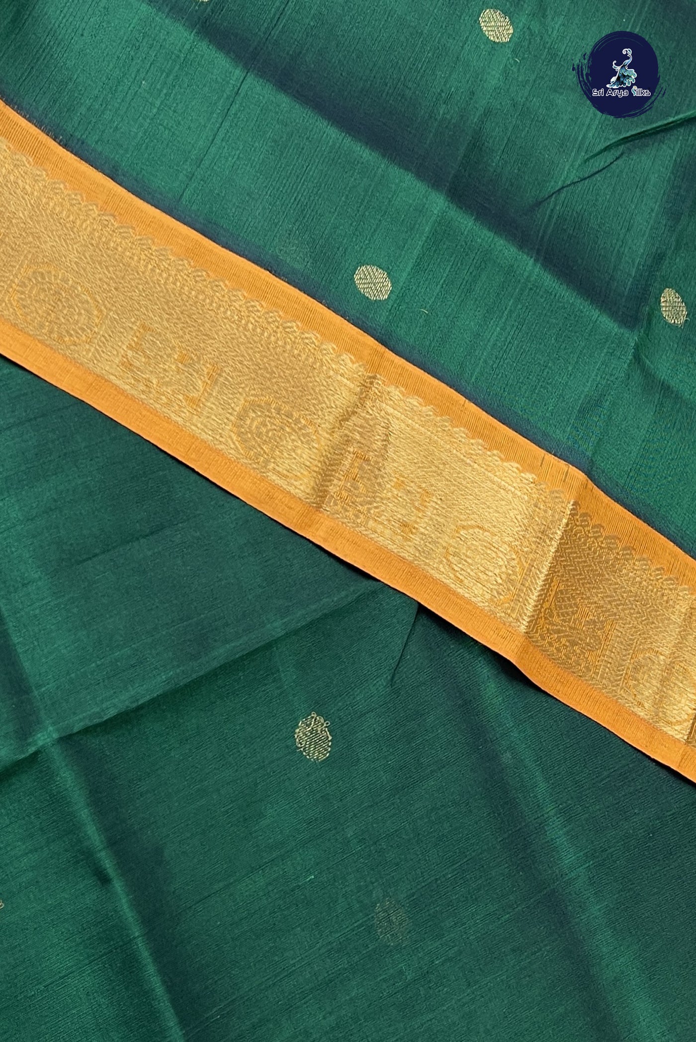 Bottle Green Korvai Silk Cotton Saree With Zari Buttas Pattern