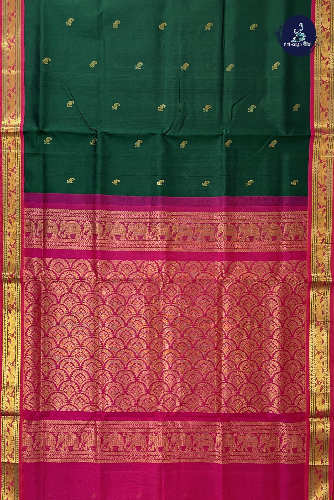 Bottle Green Korvai Silk Cotton Saree With Zari Buttas Pattern