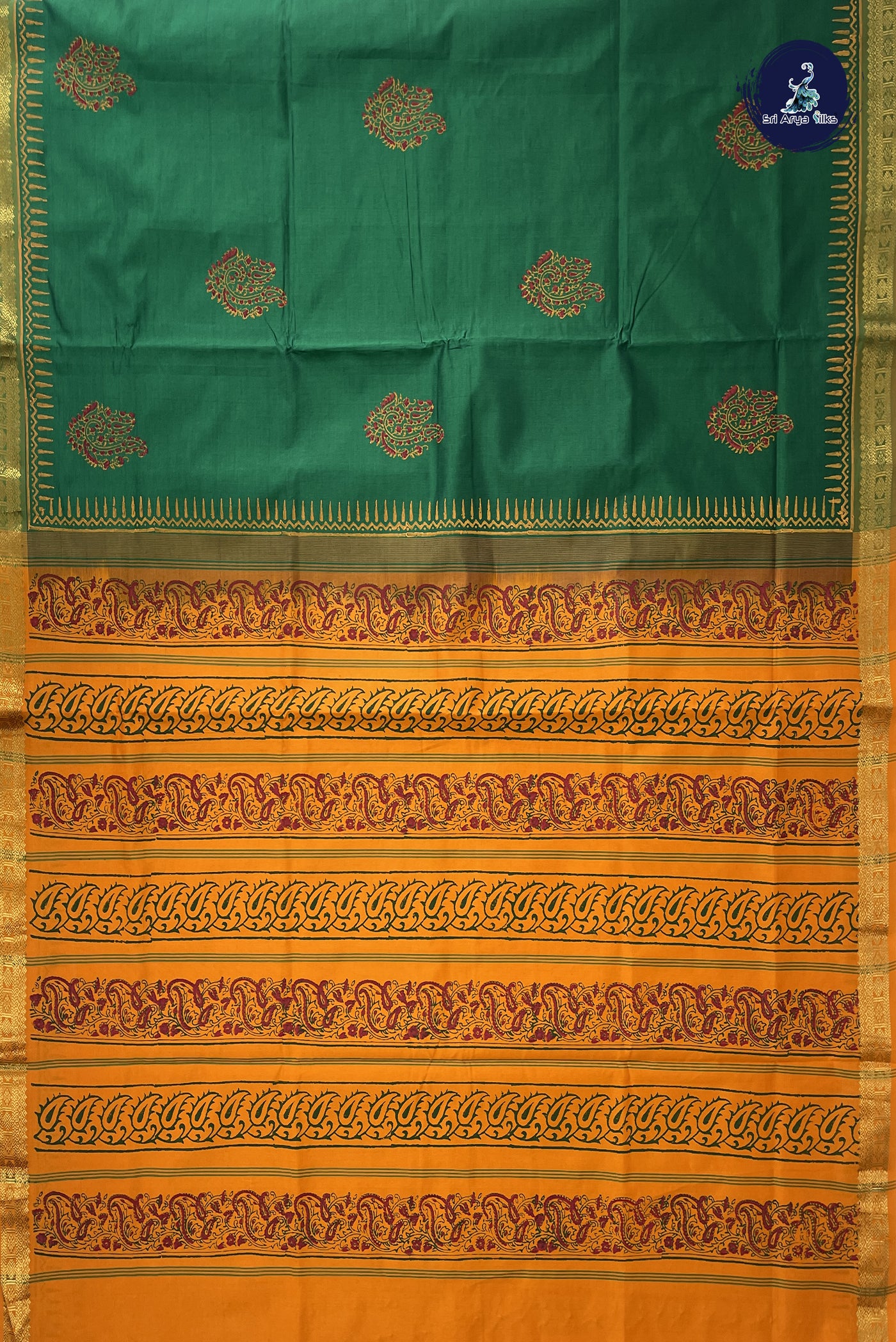 Dark Green Kanchi Semi Silk Cotton Saree With Printed Pattern