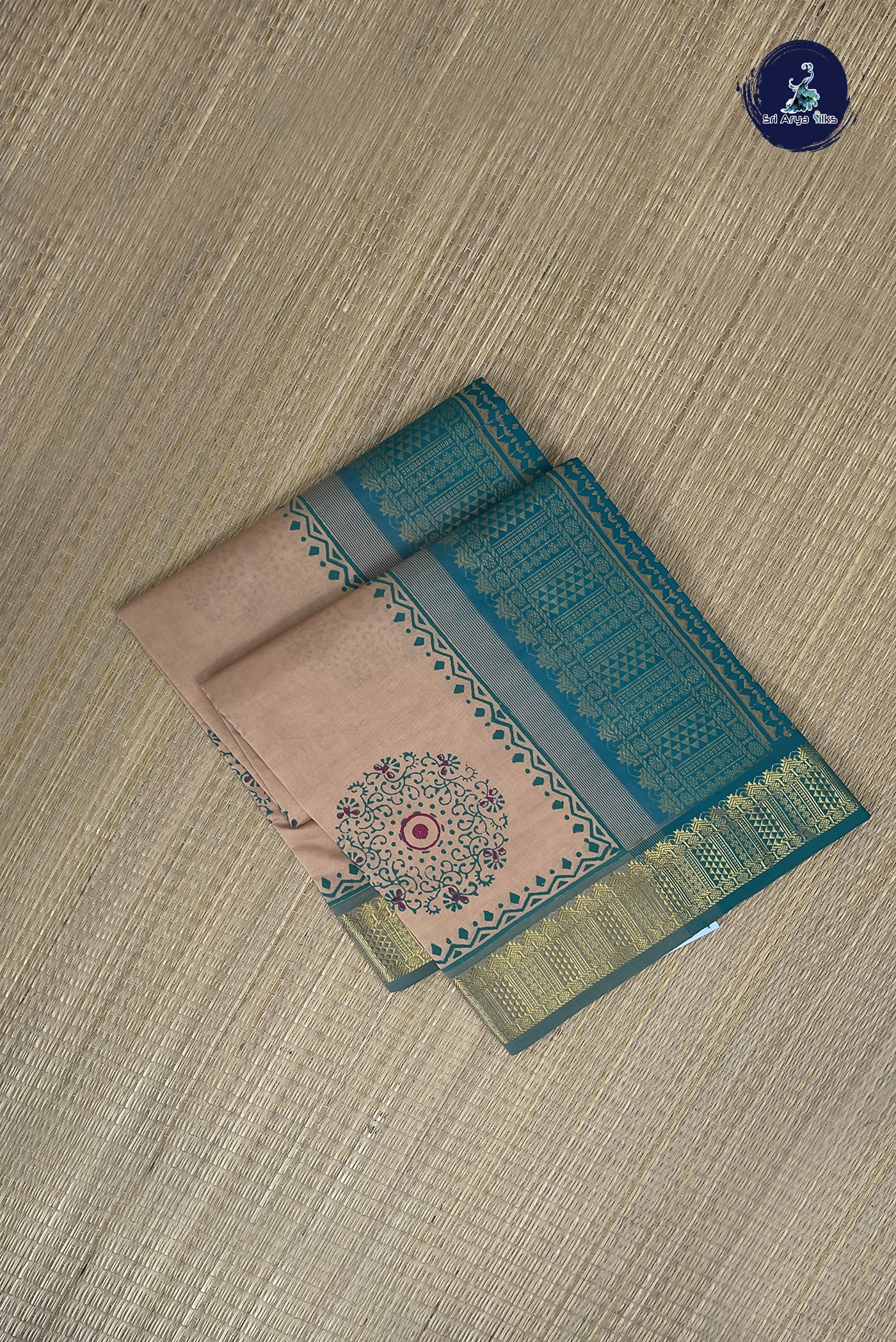 Chikku Shade Kanchi Semi Silk Cotton Saree With Printed Pattern