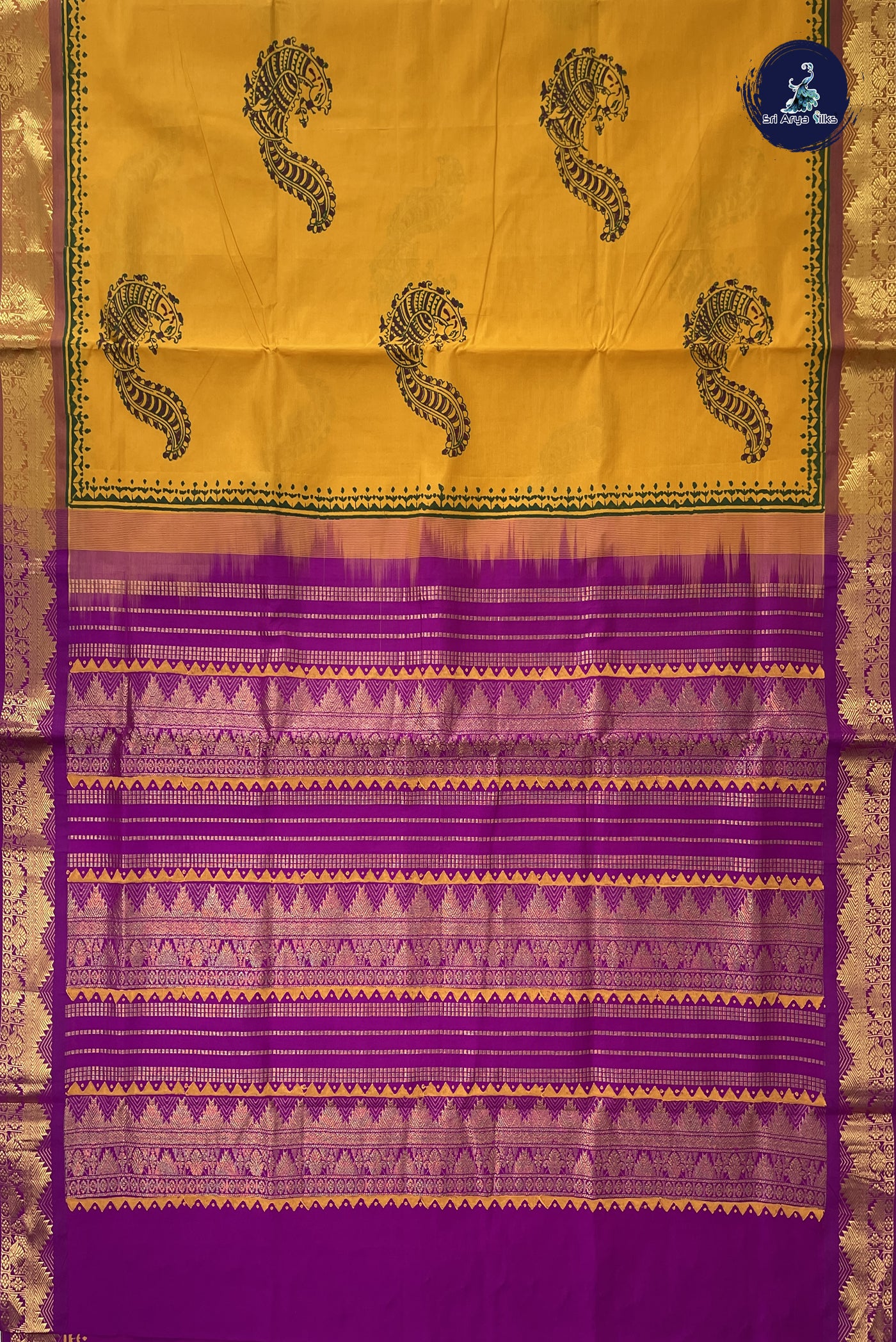Mustard Yellow Kanchi Semi Silk Cotton Saree With Printed Pattern