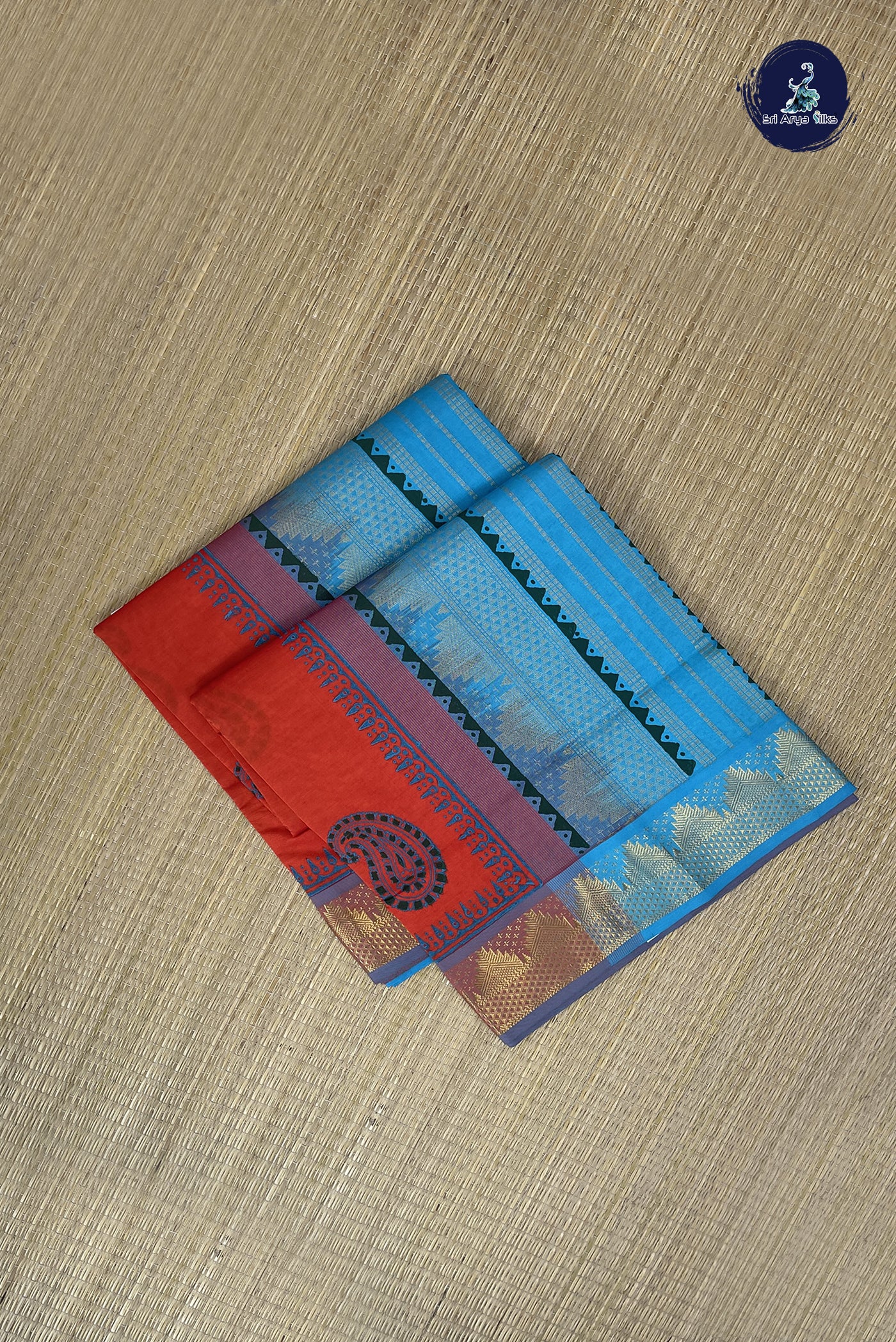 Reddish Orange Kanchi Semi Silk Cotton Saree With Printed Pattern
