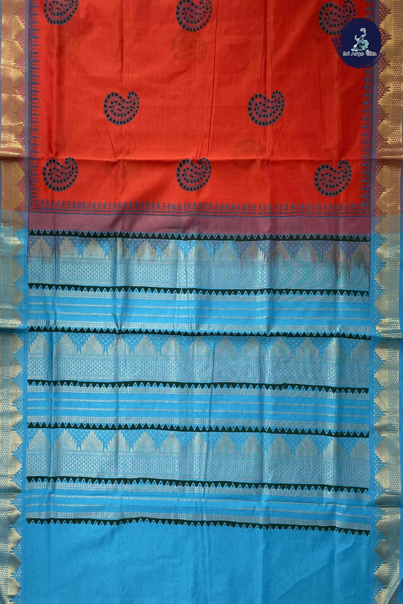 Reddish Orange Kanchi Semi Silk Cotton Saree With Printed Pattern