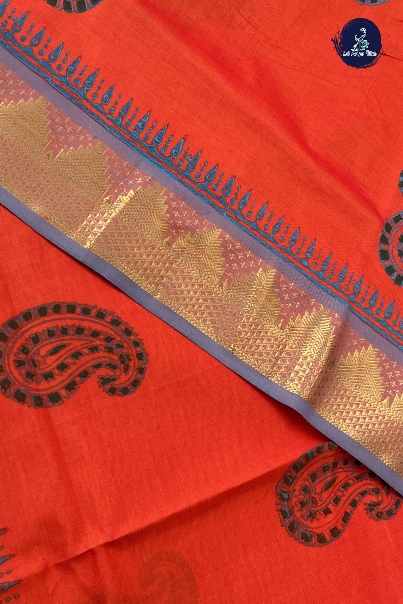 Reddish Orange Kanchi Semi Silk Cotton Saree With Printed Pattern