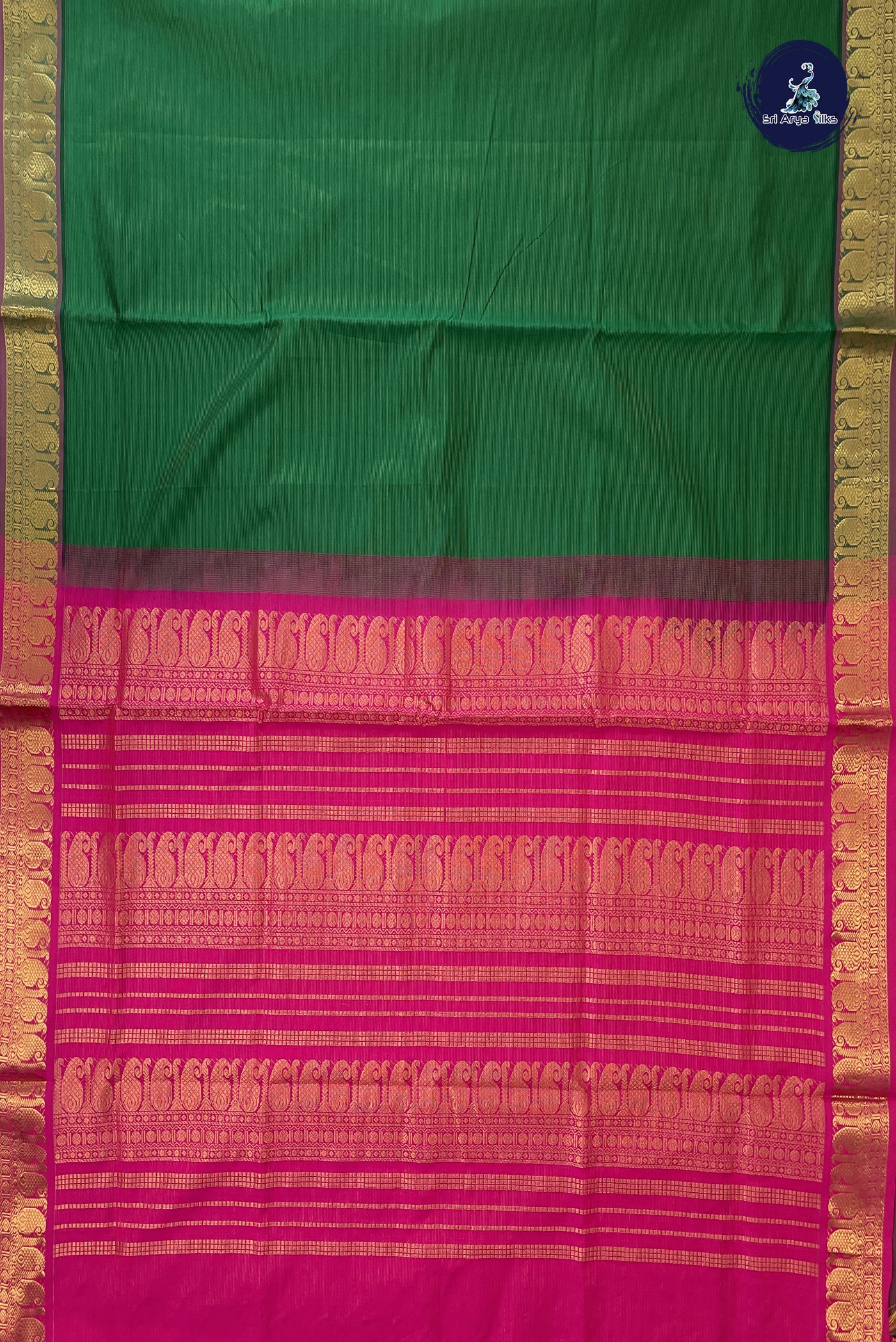 Dark Green Kanchi Semi Silk Cotton Saree With Vaira Oosi Pattern
