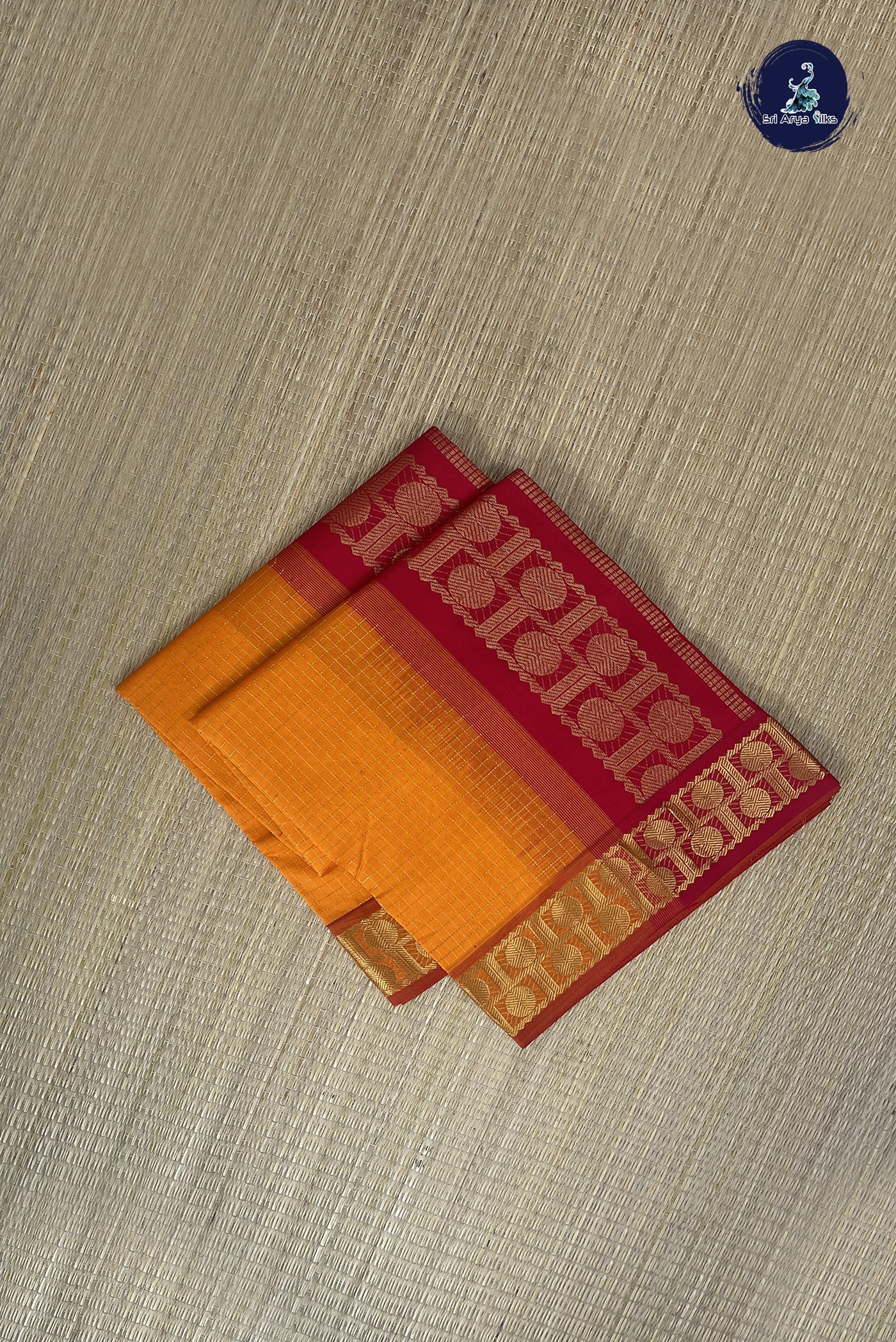 Yellowish Orange Kanchi Semi Silk Cotton Saree With Zari Checked Pattern
