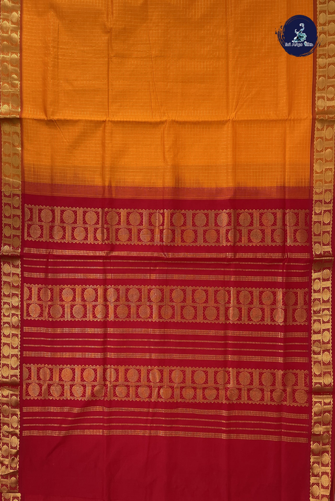 Yellowish Orange Kanchi Semi Silk Cotton Saree With Zari Checked Pattern