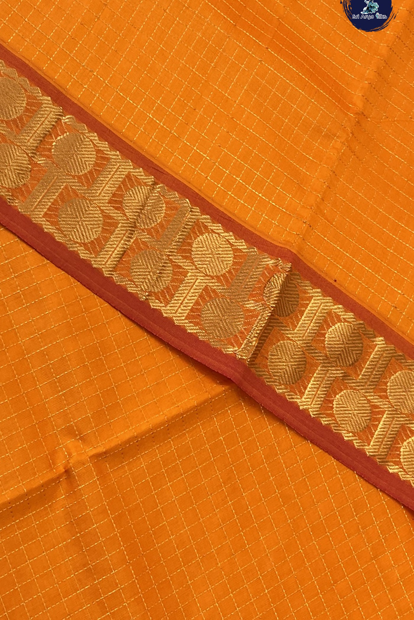 Yellowish Orange Kanchi Semi Silk Cotton Saree With Zari Checked Pattern