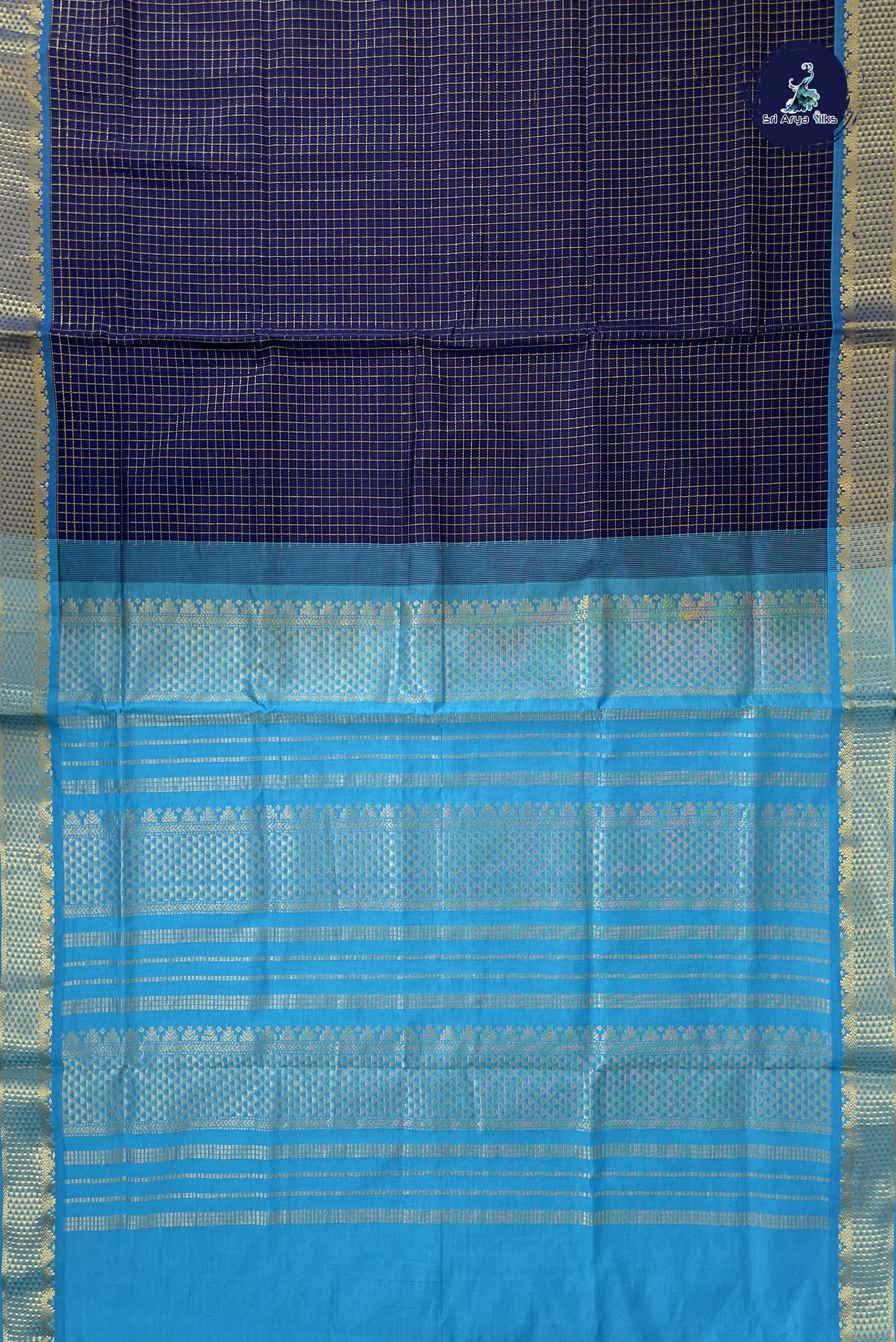 Navy Blue Kanchi Semi Silk Cotton Saree With Zari Checked Pattern
