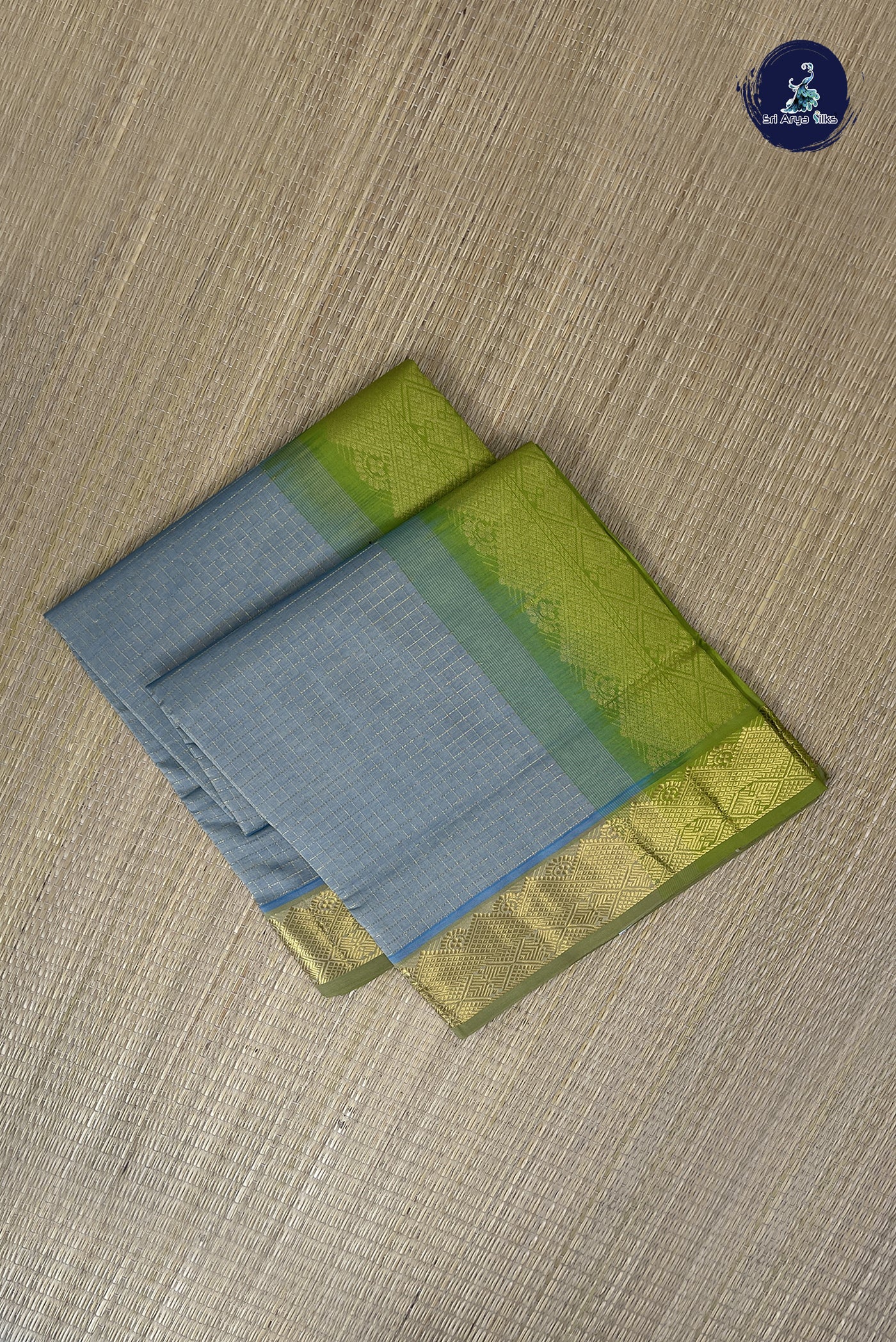 Bluish Grey Kanchi Semi Silk Cotton Saree With Zari Checked Pattern