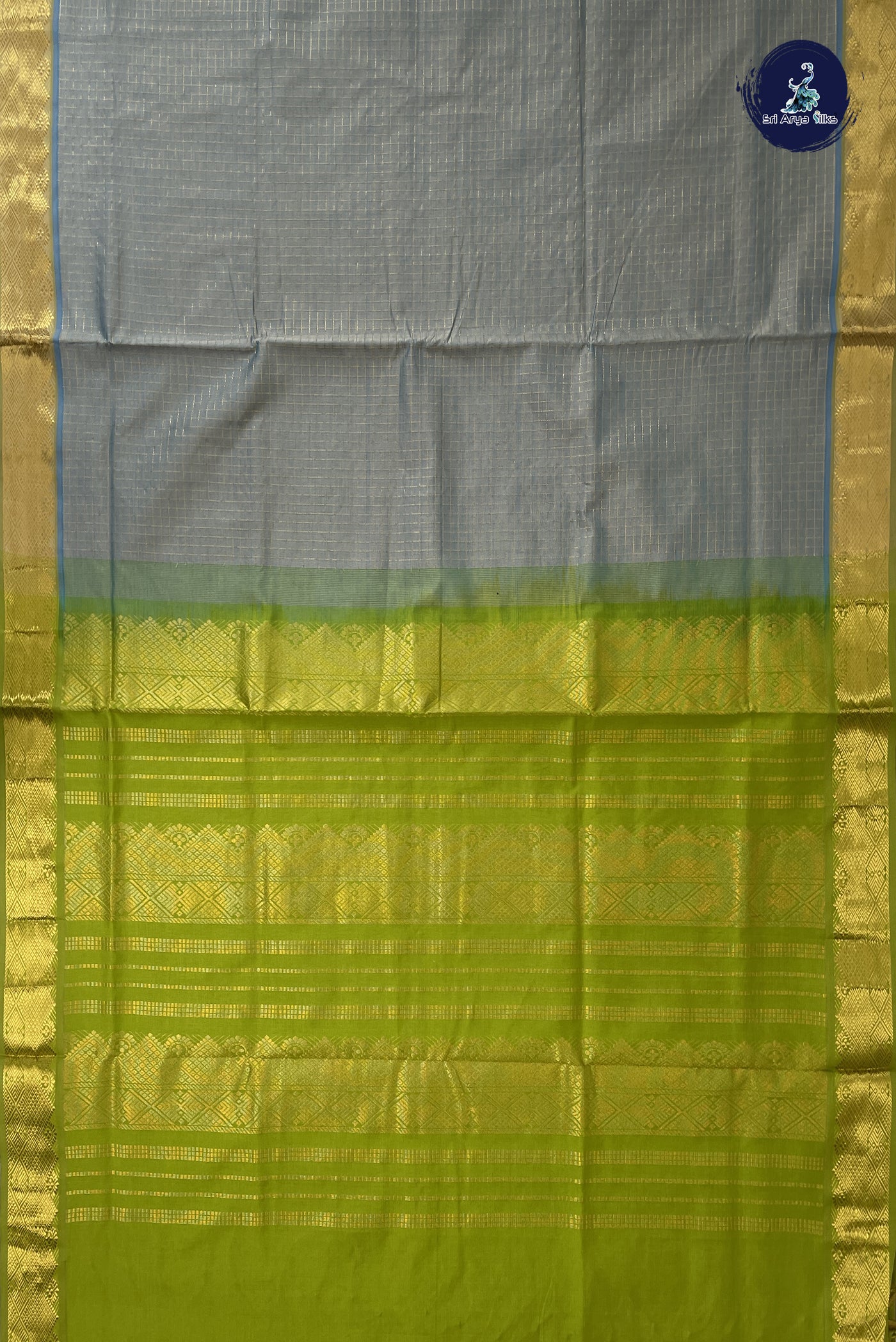 Bluish Grey Kanchi Semi Silk Cotton Saree With Zari Checked Pattern