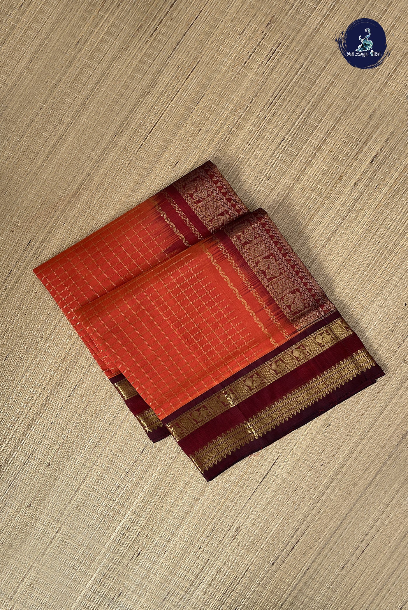 Rust Checked Saree With Zari Checked Pattern