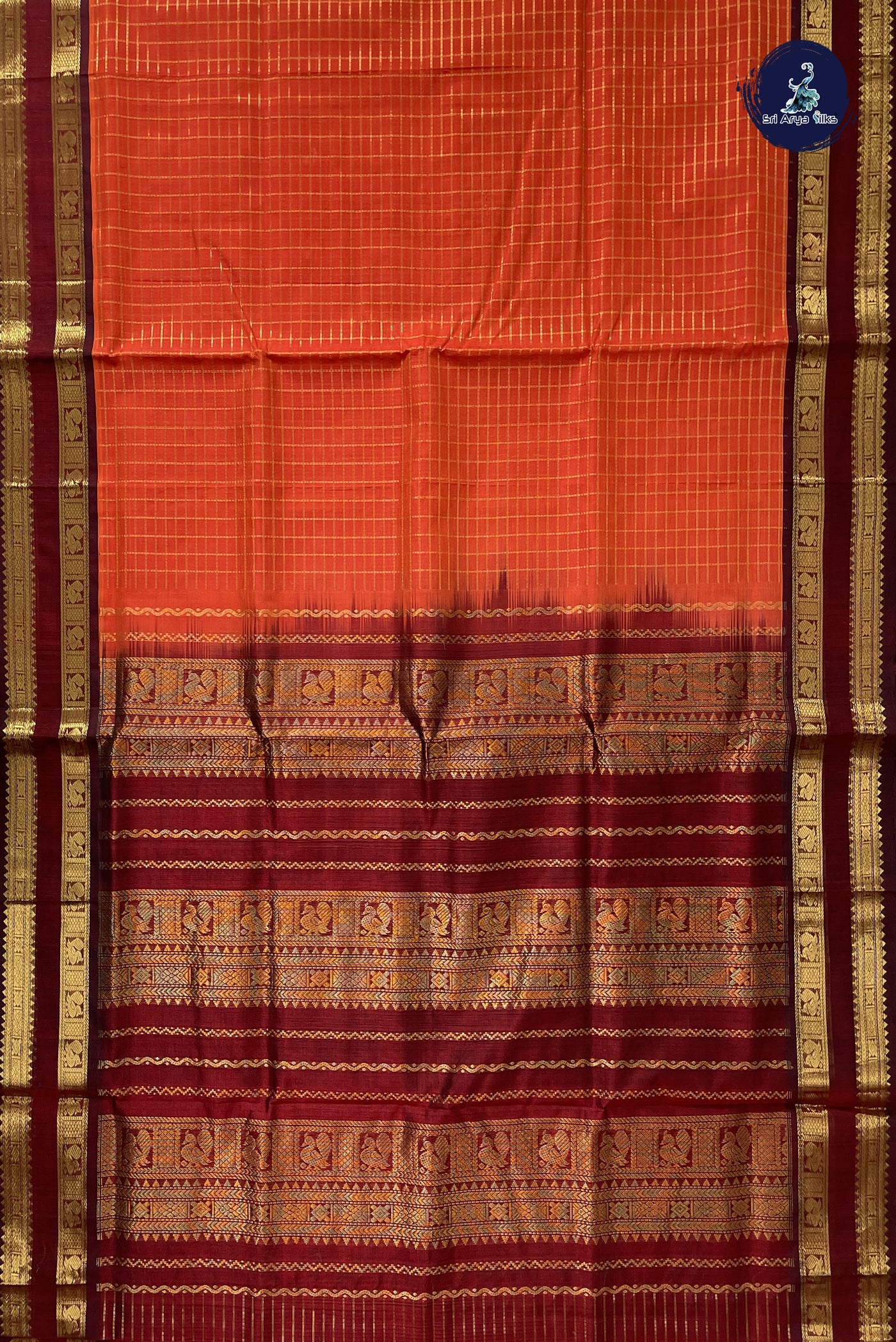 Rust Checked Saree With Zari Checked Pattern