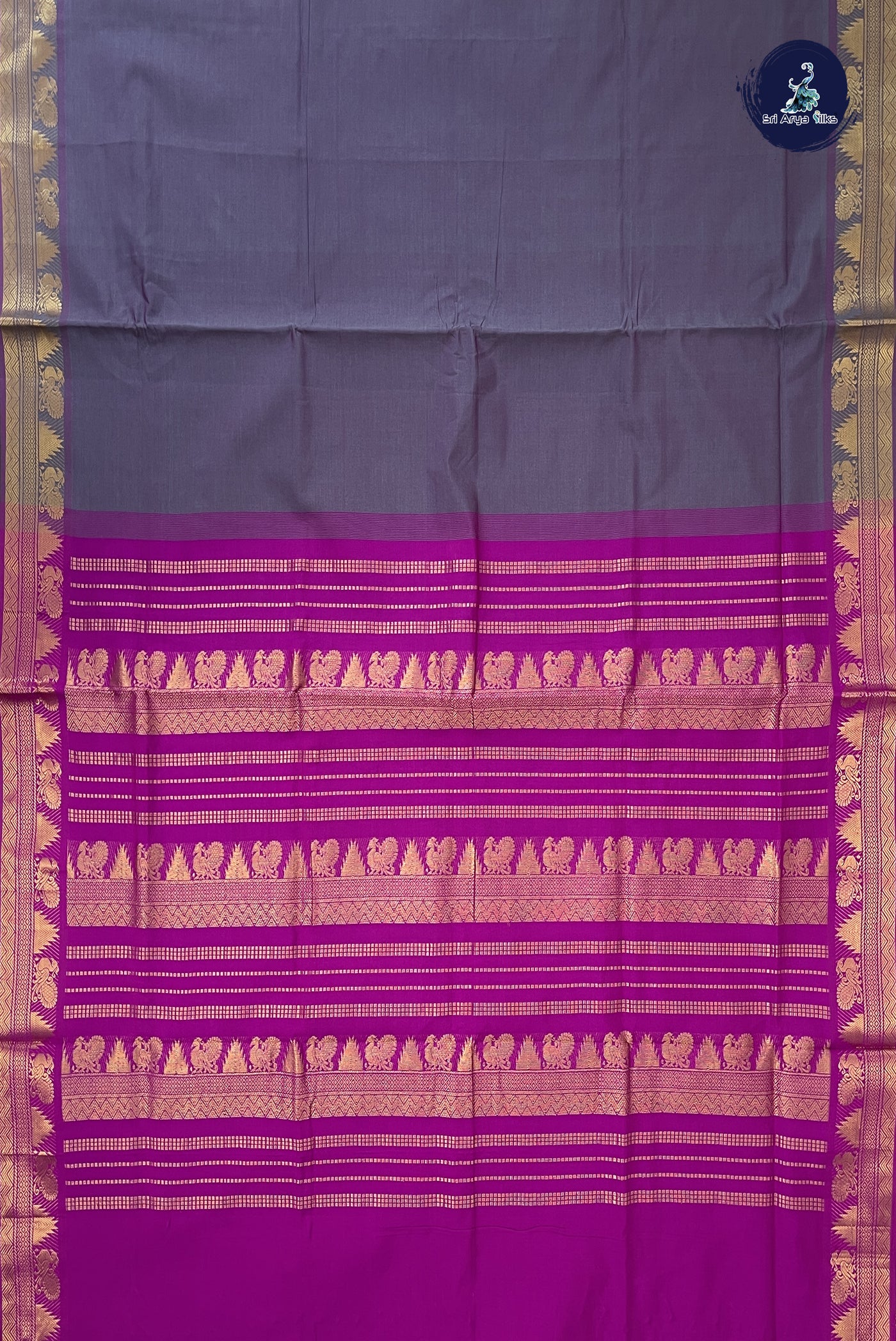 Dual Tone Grey Kanchi Semi Silk Cotton Saree With Plain Pattern