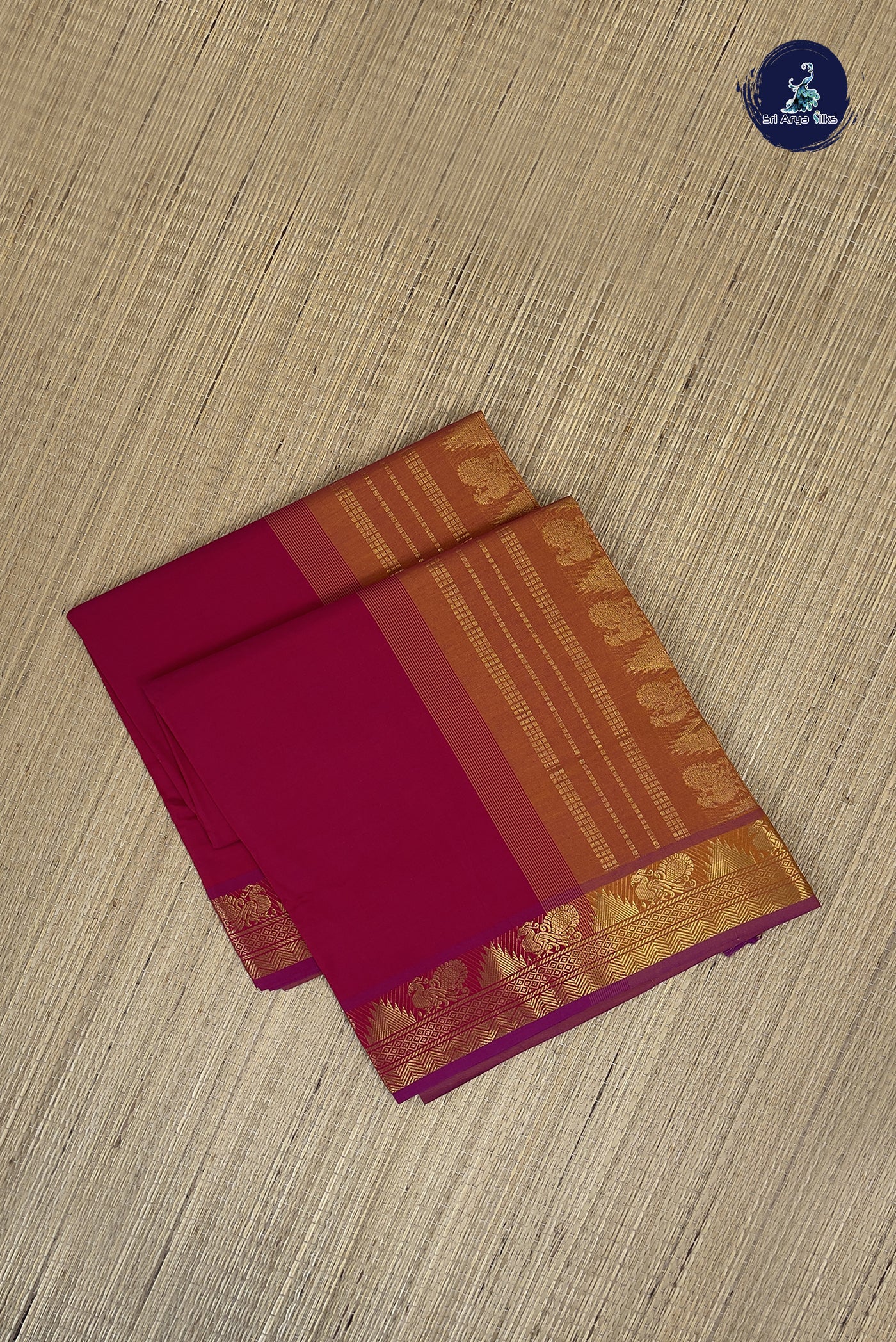 Pinkish Maroon Kanchi Semi Silk Cotton Saree With Plain Pattern