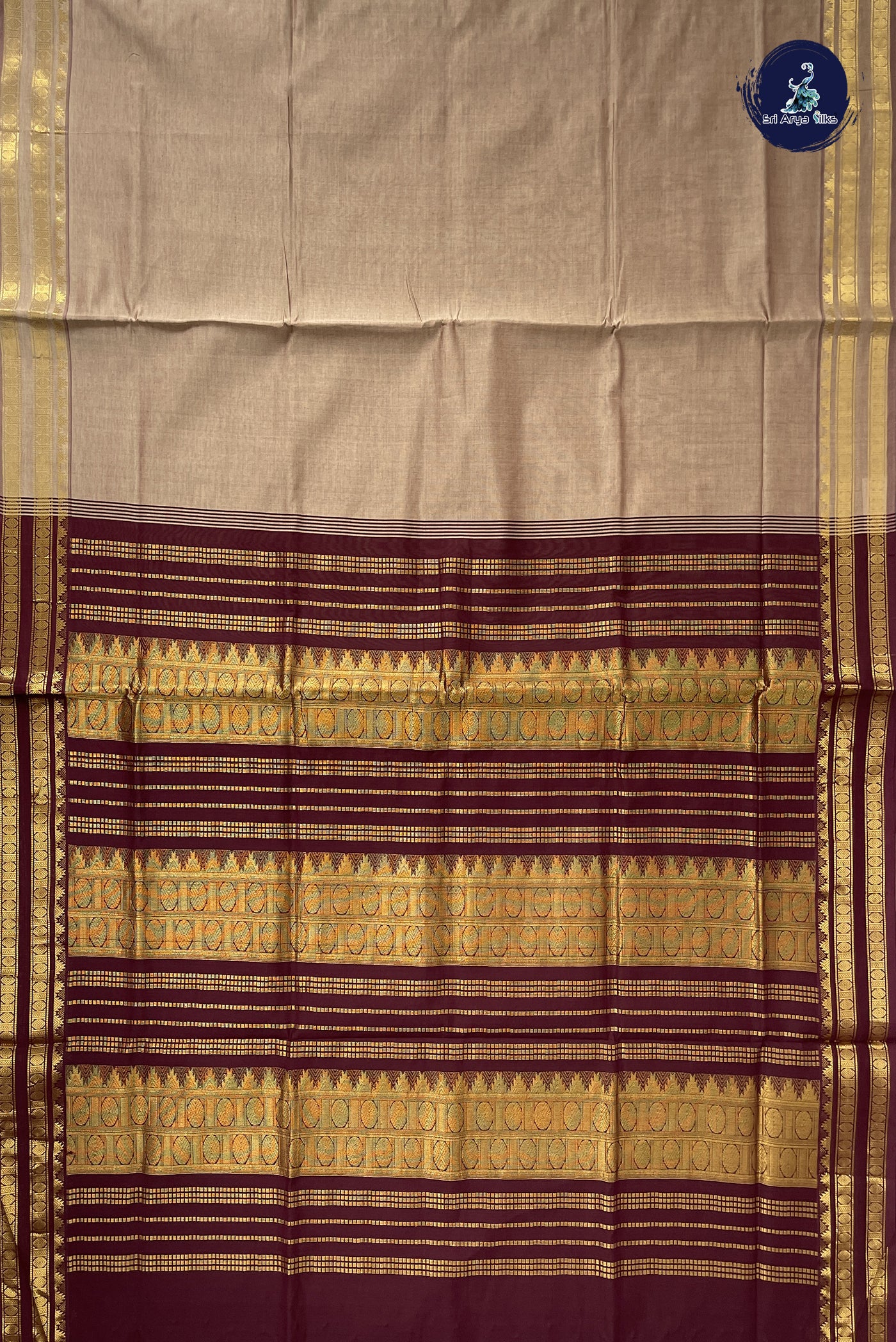 Light Brown Kanchi Semi Silk Cotton Saree With Plain Pattern