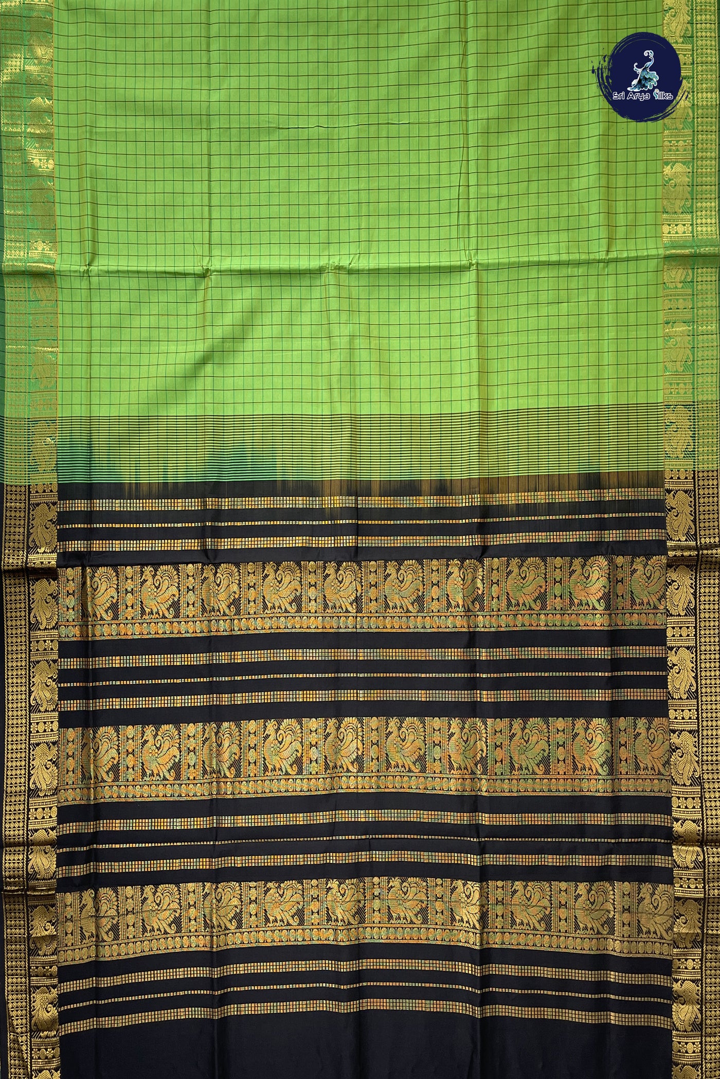 Light Green Kanchi Semi Silk Cotton Saree With Checked Pattern