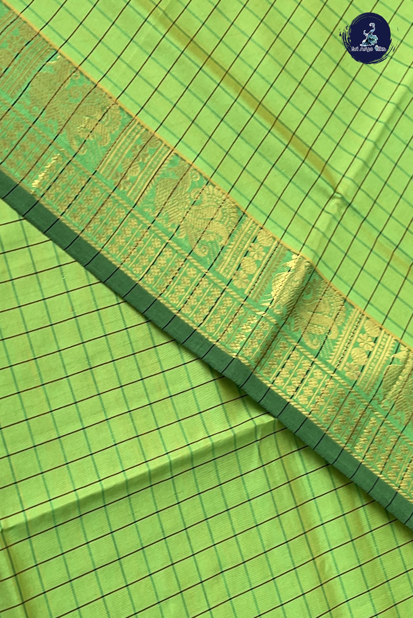 Light Green Kanchi Semi Silk Cotton Saree With Checked Pattern