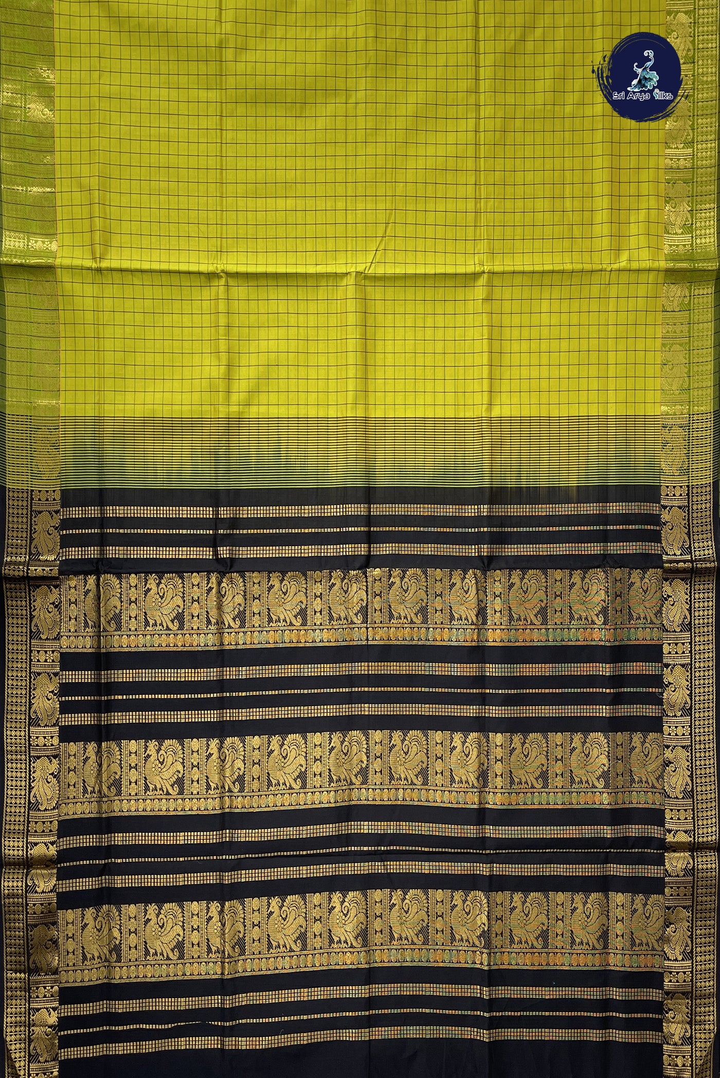 Yellowish Green Kanchi Semi Silk Cotton Saree With Checked Pattern