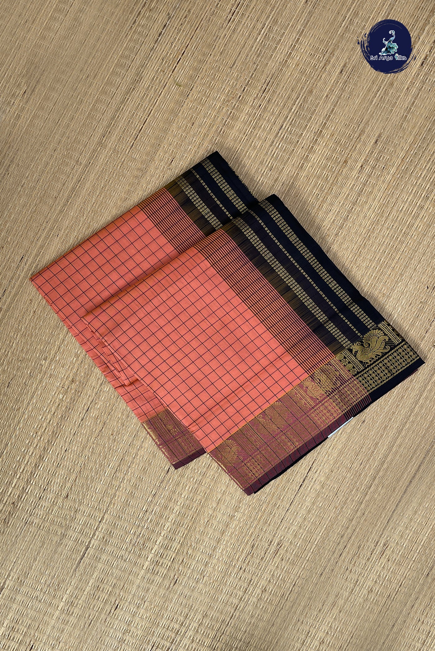 Peach Kanchi Semi Silk Cotton Saree With Checked Pattern