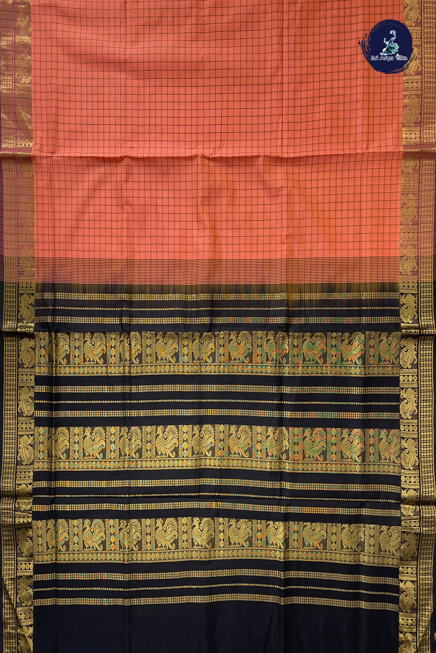 Peach Kanchi Semi Silk Cotton Saree With Checked Pattern