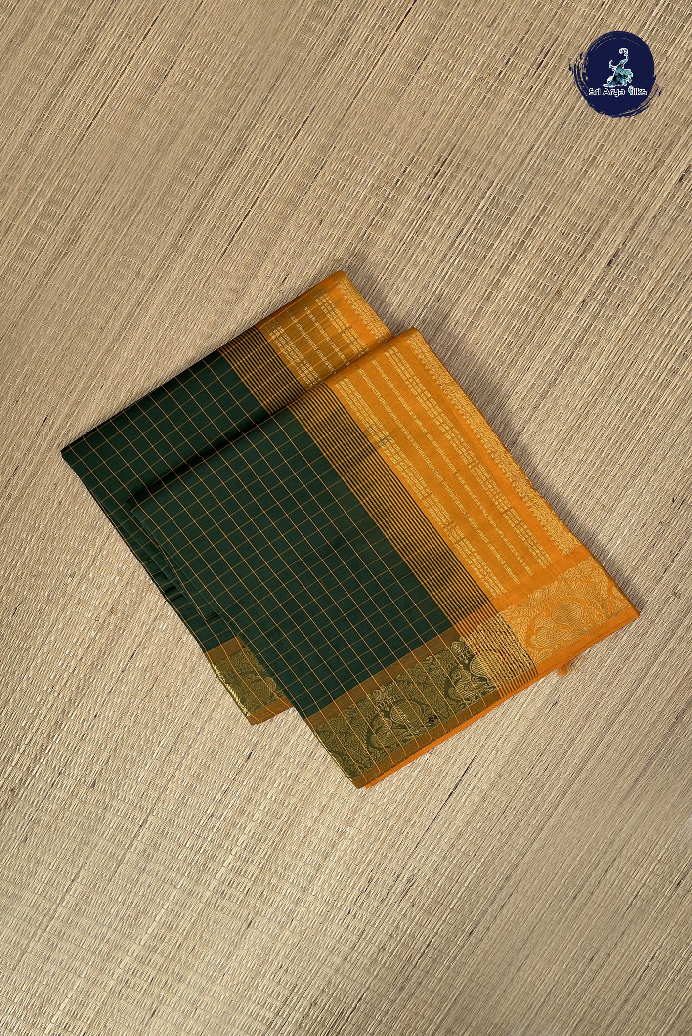 Dark Green Kanchi Semi Silk Cotton Saree With Checked Pattern