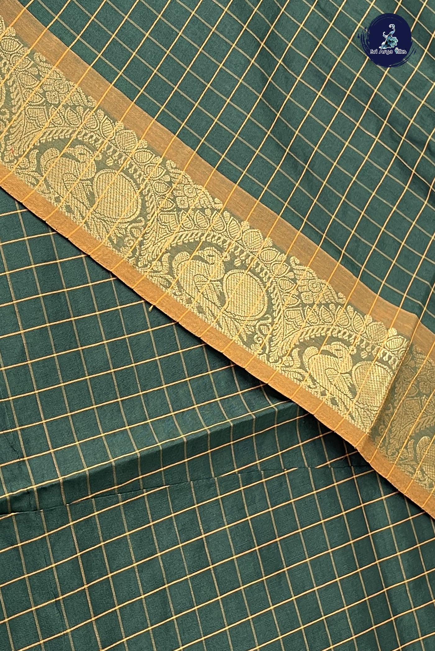 Dark Green Kanchi Semi Silk Cotton Saree With Checked Pattern