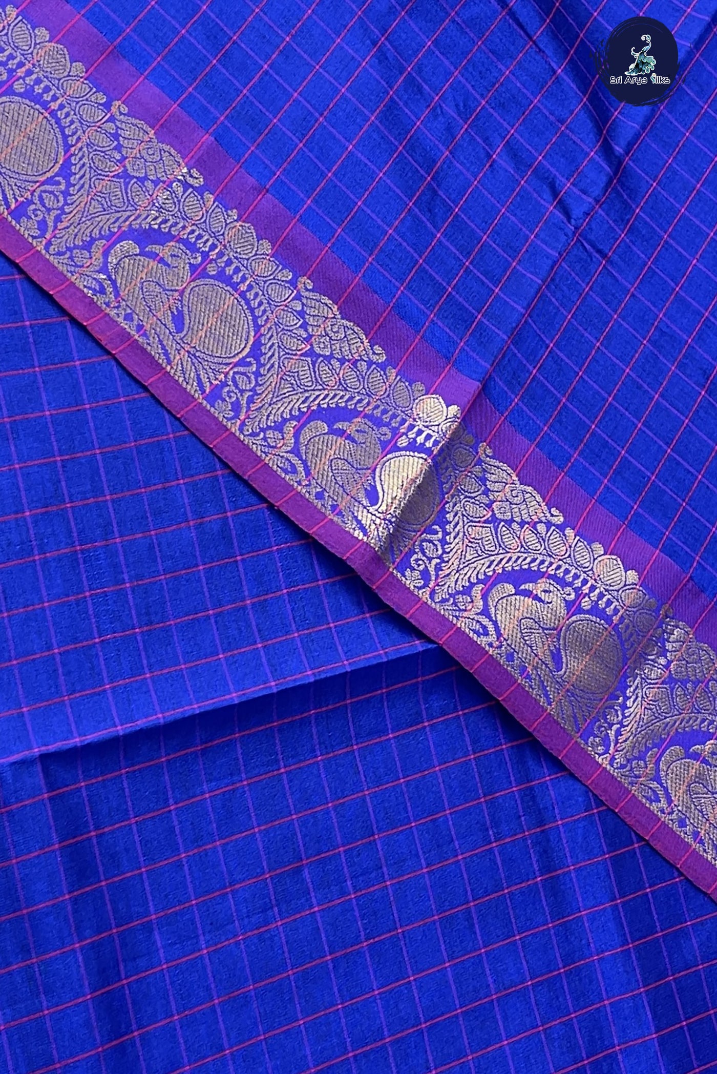 Dark Blue Kanchi Semi Silk Cotton Saree With Checked Pattern