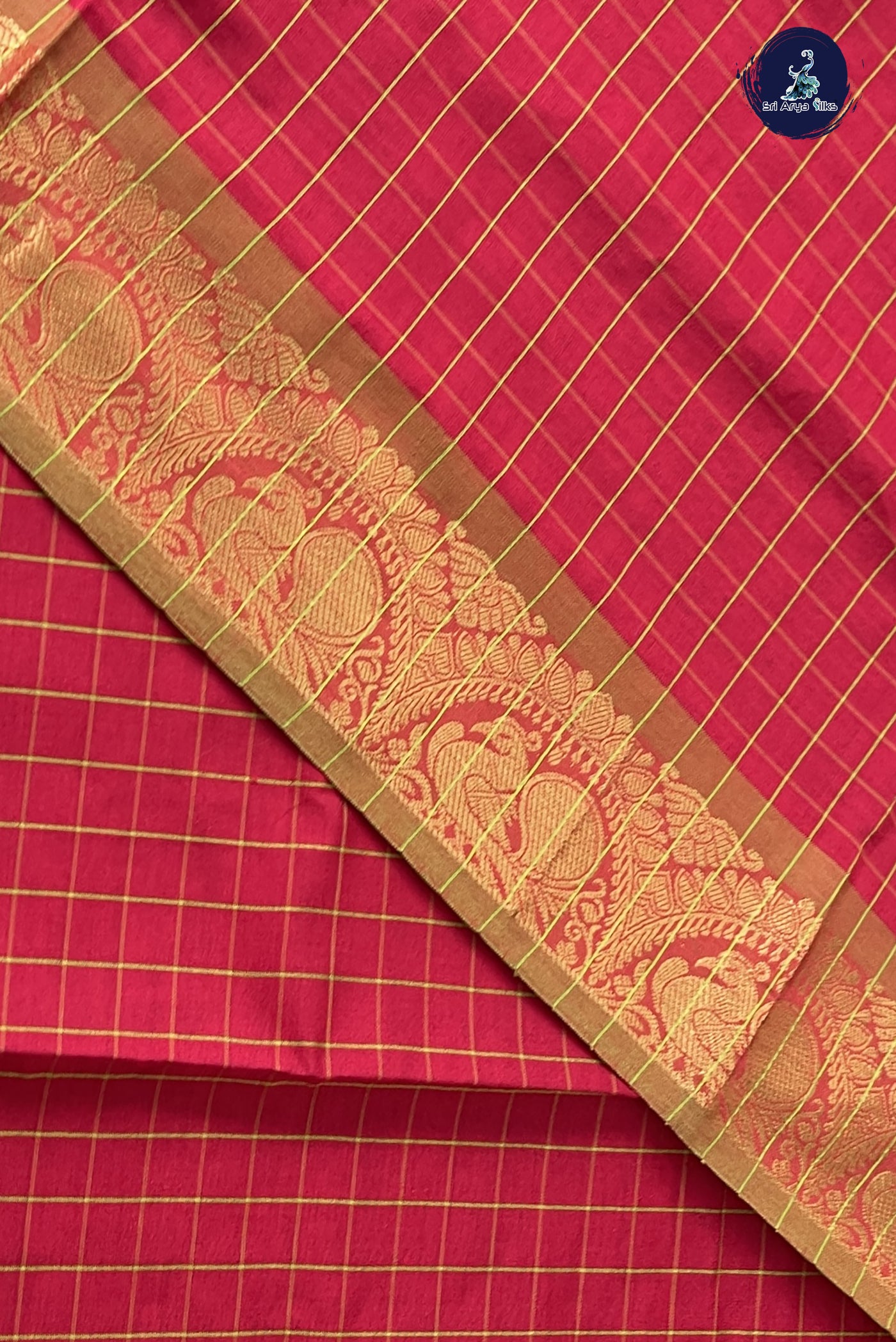 Red Kanchi Semi Silk Cotton Saree With Checked Pattern