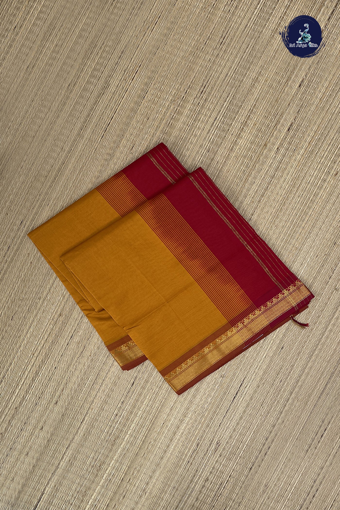 Mustard Kanchi Semi Silk Cotton Saree With Plain Pattern