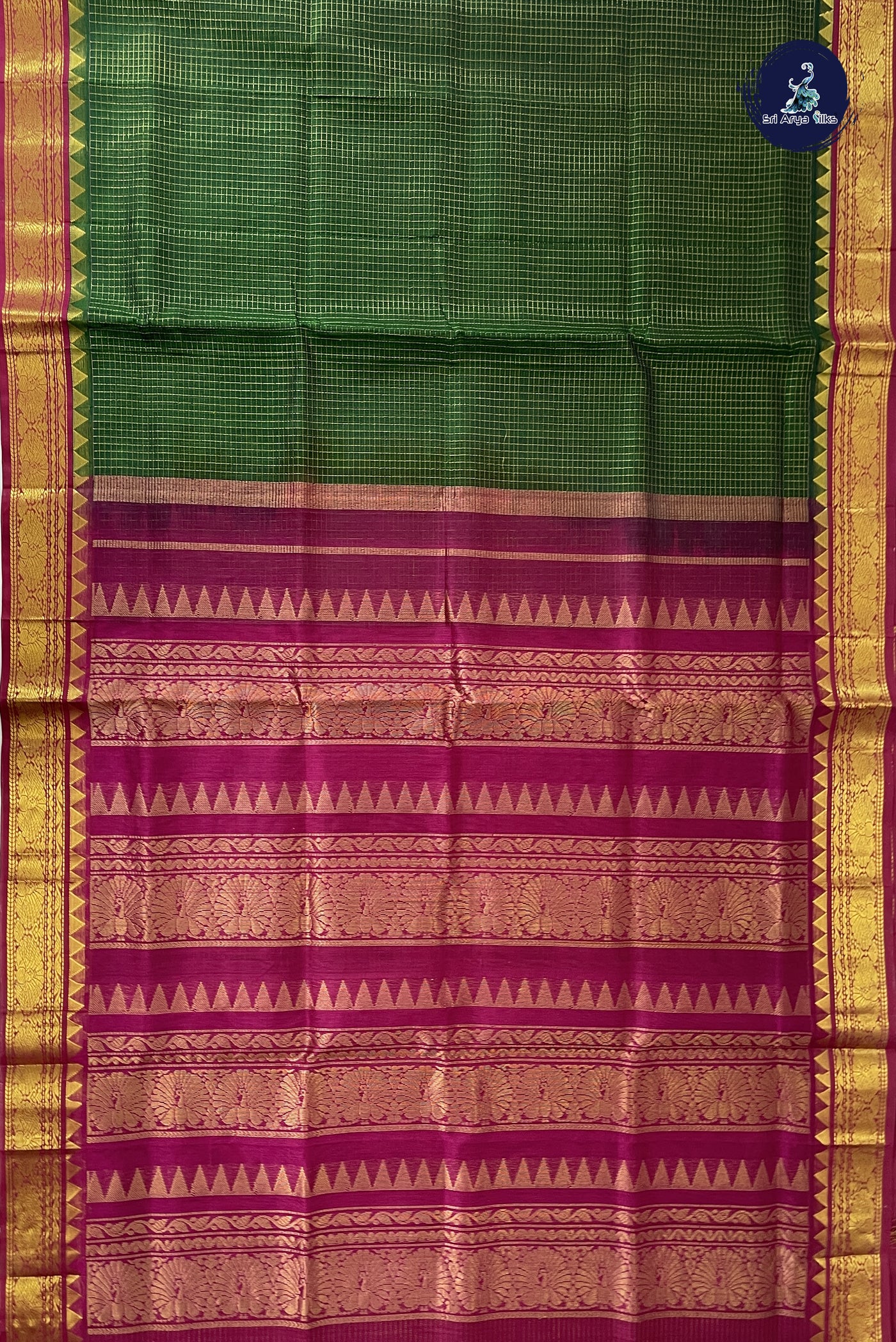 Bottle Green Checked Saree With Zari Checked Pattern