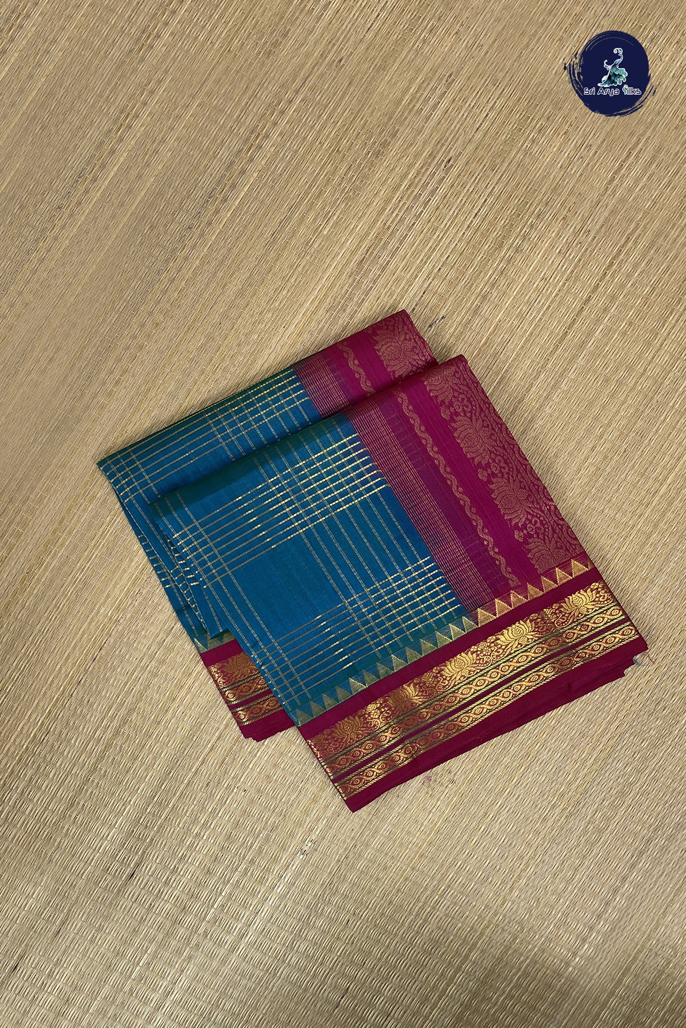 Peacock Blue Checked Saree With Zari Checked Pattern