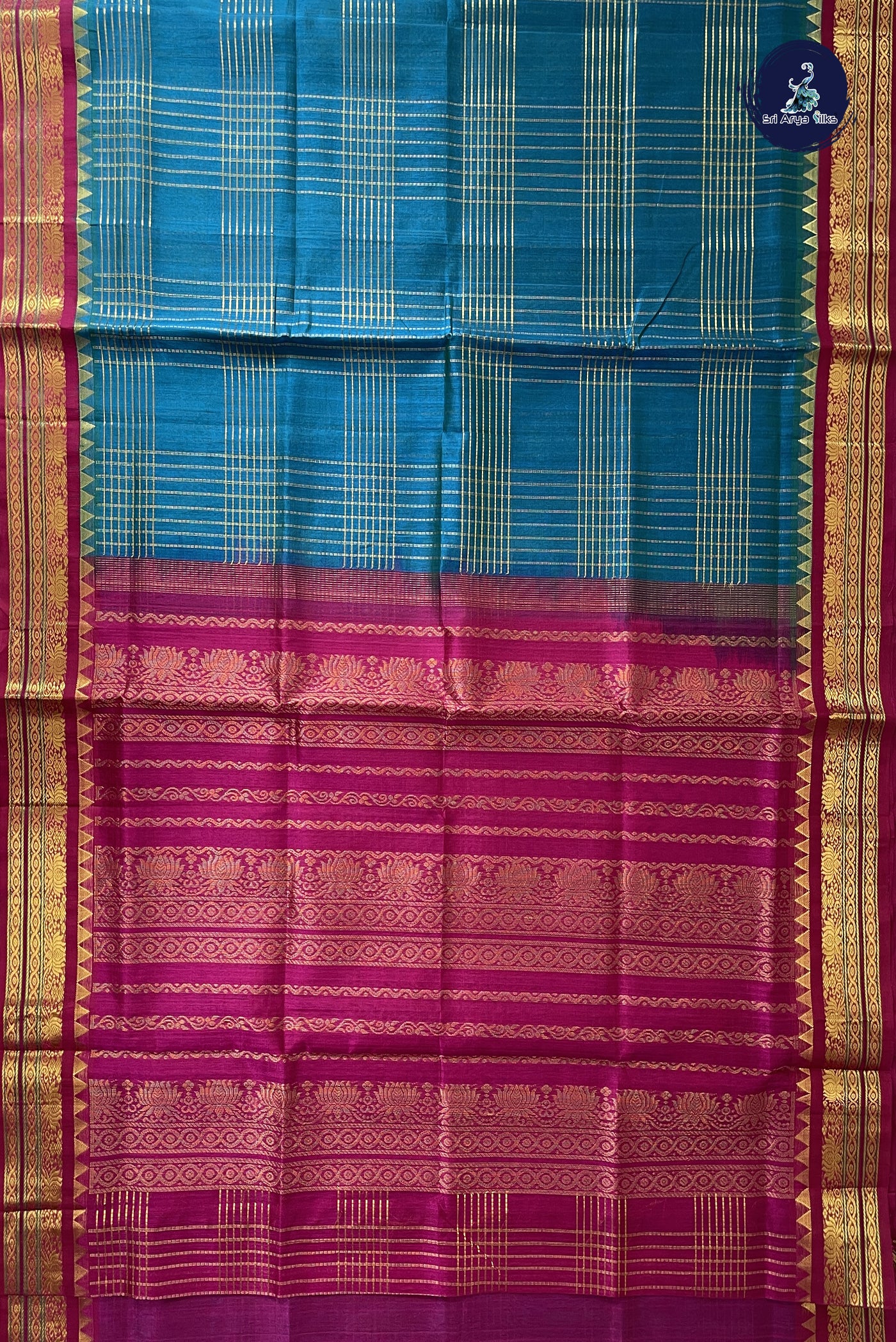 Peacock Blue Checked Saree With Zari Checked Pattern
