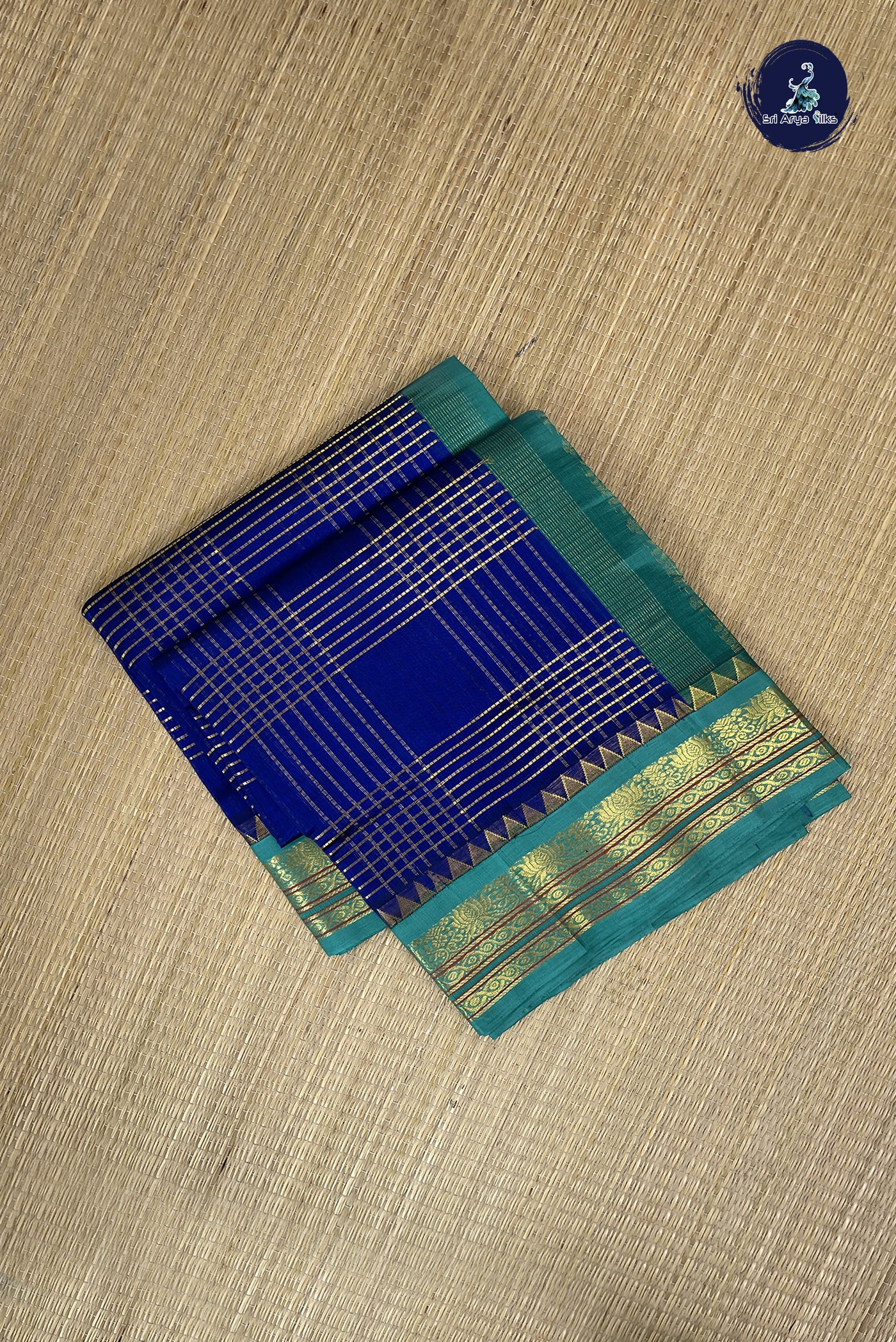MS Blue Checked Saree With Zari Checked Pattern